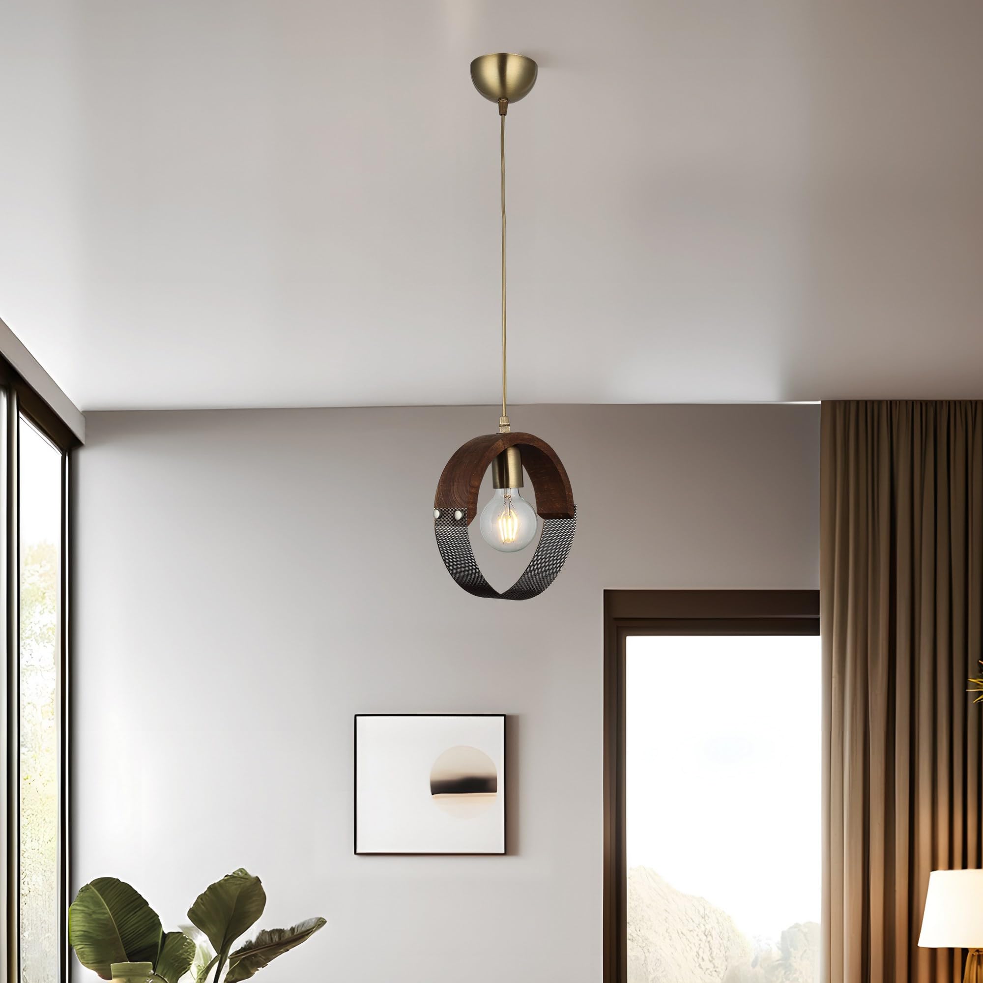 Elegante chandelier metálico con sofisticada tapa de madera para decoración 1
