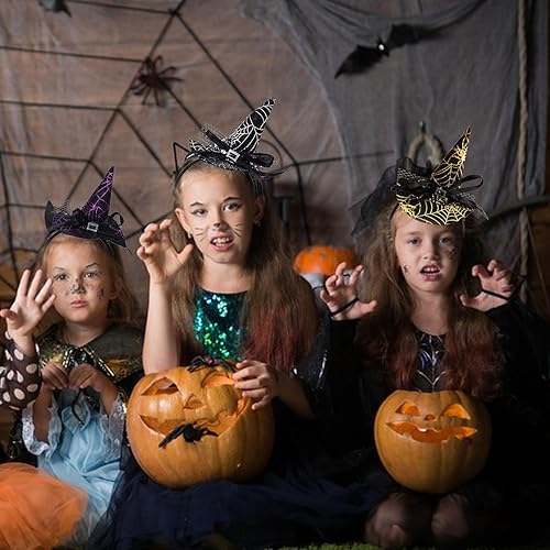 Miniatura 6 de Totelux Diadema con sombrero de bruja de Halloween, lindo aro de telaraña para mujeres y niñas, cosplay, maquillaje, decoración de disfraces,