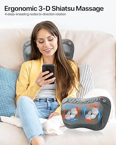 Miniatura 3 de ALLJOY Masajeador Shiatsu inalámbrico de cuello y espalda con calor relajante, almohada de masaje 3D recargable para aliviar el dolor muscular, uso