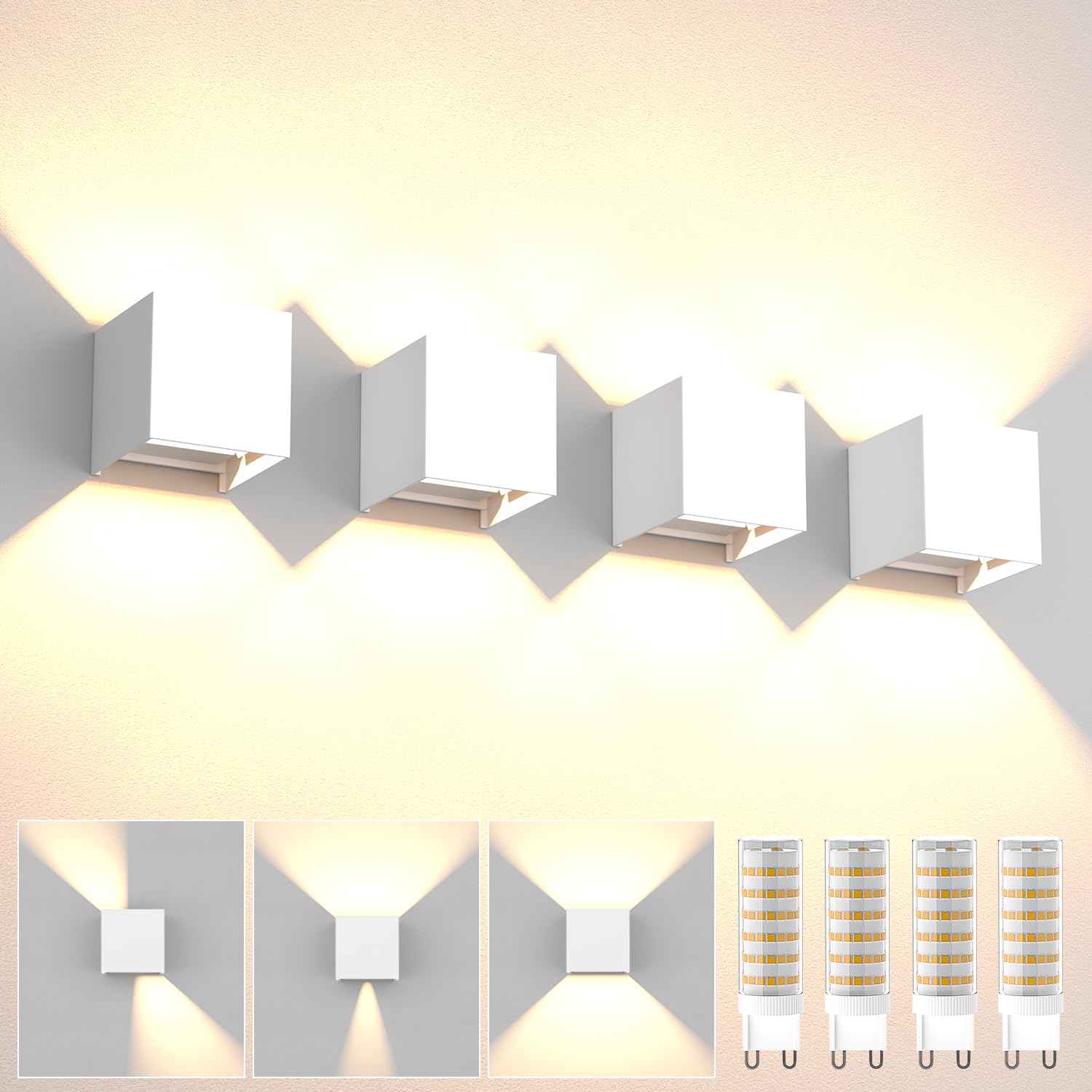 Applique da Parete con Lampadina Sostituibile G9 LED, 4 Pezzi Applique da Esterno IP65 Impermeabile Applique da Parete Interno 9W 3000K Bianco Caldo Angolo del Fascio Regolabile (Bianco)
