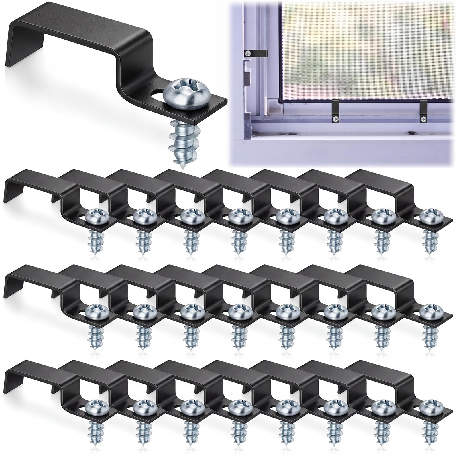 Photo 1 of Zonon 24 Pcs Window Screen Clips with Screws Aluminum Retainer Clips to Hold The Screen in Window for Storm Panels and Door (Black)