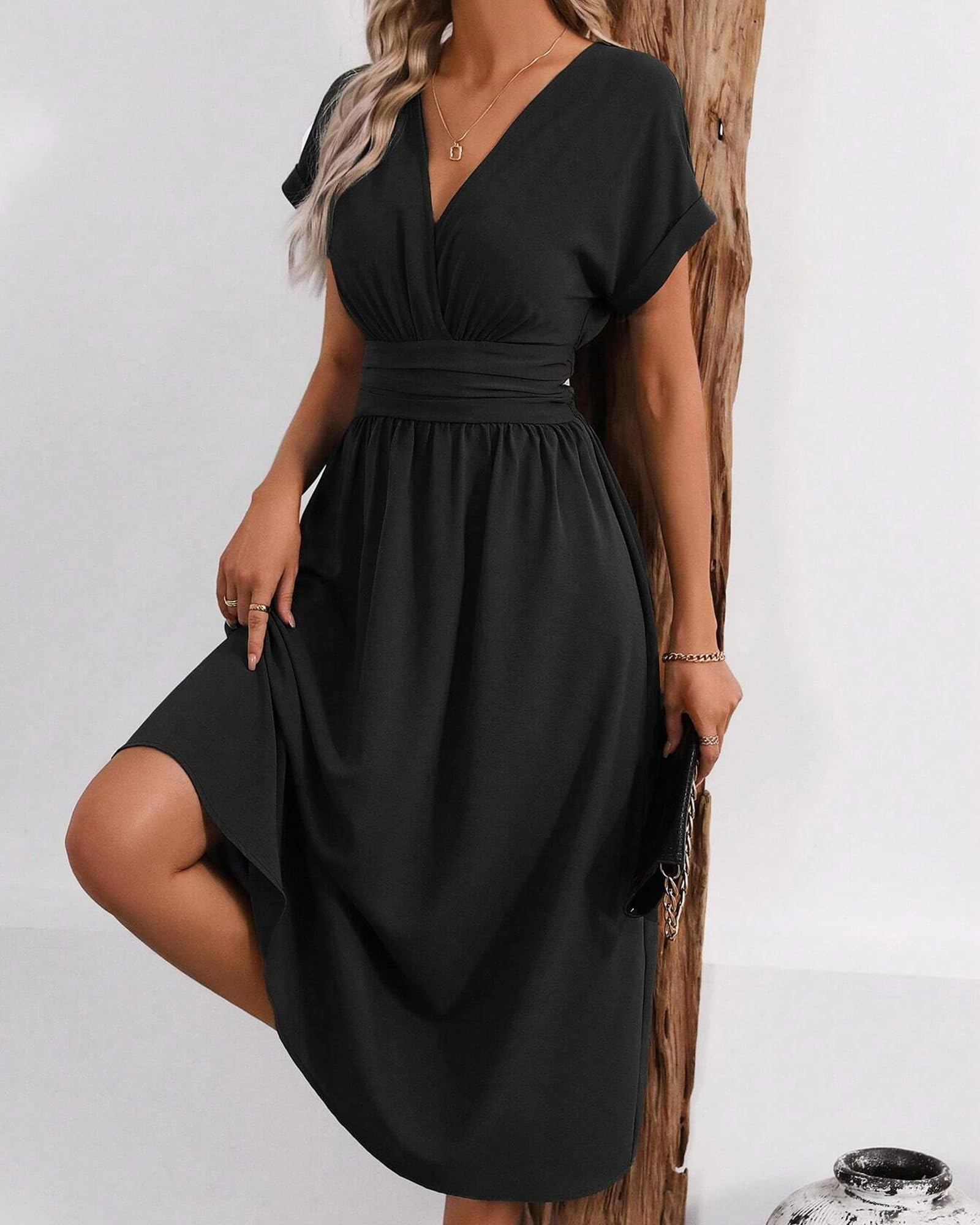 Robe Longue Femme Ete Elégante Robes de Plage Manches Courtes V Taille Haute Unie Maxi Dress Casual et Chic