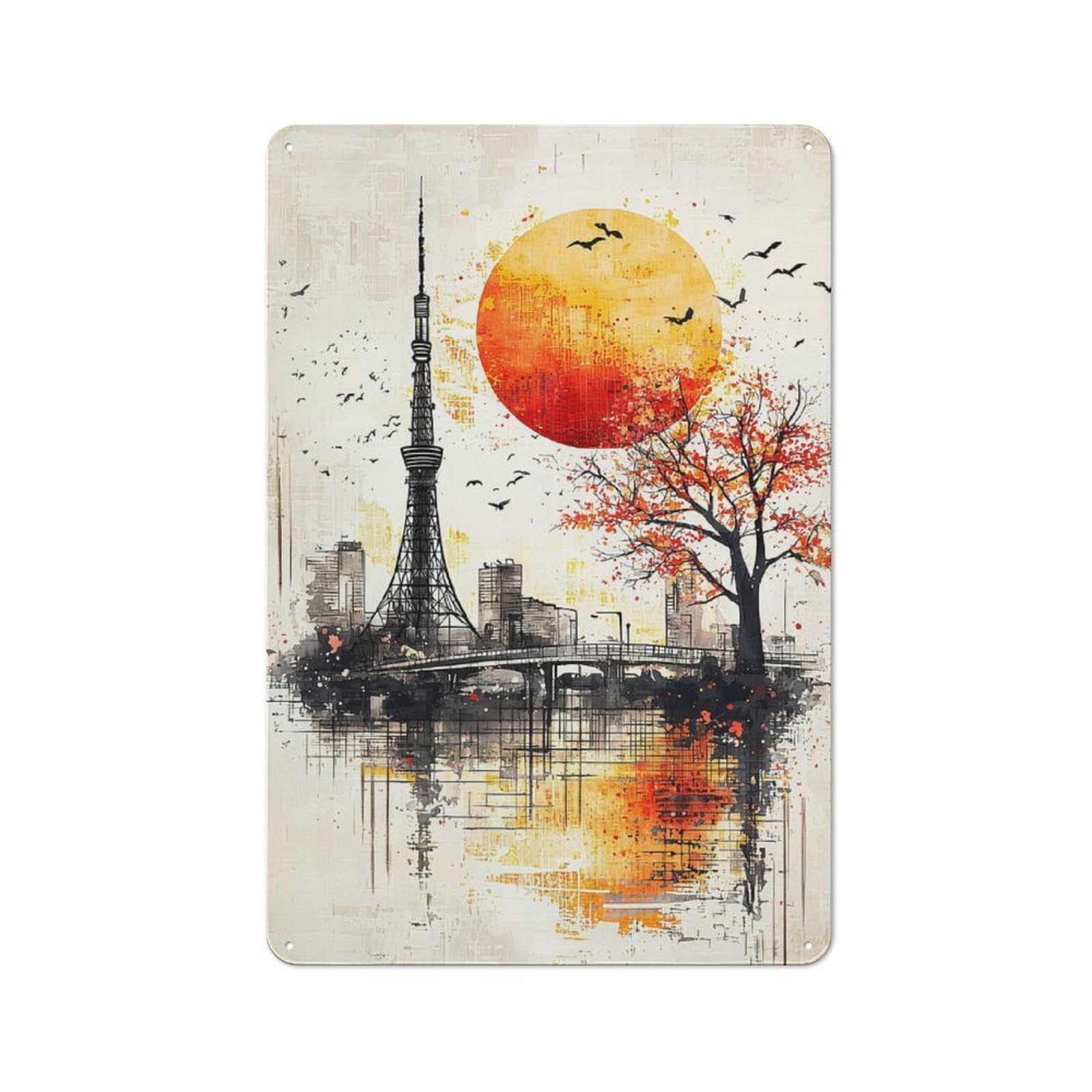 Junmoney Autumn Harmony Tokyo Tower At Sunset Metal Wall Sign 30X20cm, Vintage Home Bar Decor For Pub, Home Bar, Shed Or Man Cave