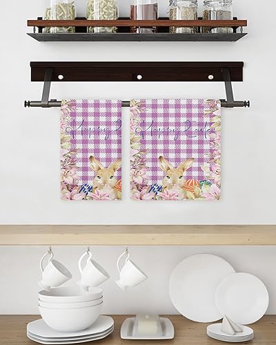 Miniatura 3 de Kitchen Towel 2 Packs Cotton Waffle Weave, Lily Easter Bunny Purple Buffalo Plaid 16 x 24 Inch Absorbent Quick Drying Dish Towels Clothes for