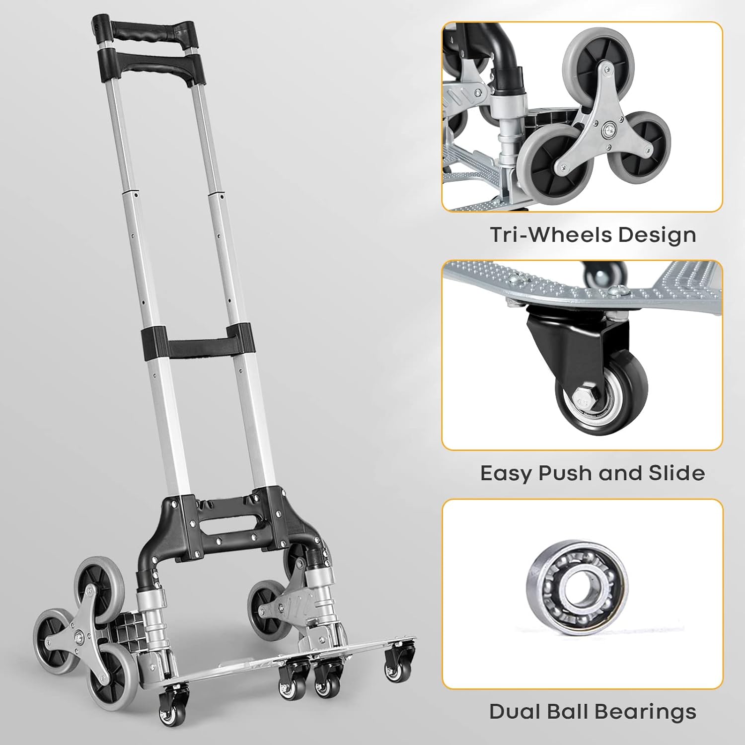 Stair Climbing Cart 180 lbs Capacity Portable Folding Hand Truck Aluminum Luggage Cart w/Bungee Cord, 6 Wheels, Telescoping Handle, Heavy Duty Climber Dolly for Shopping, Moving, Travel