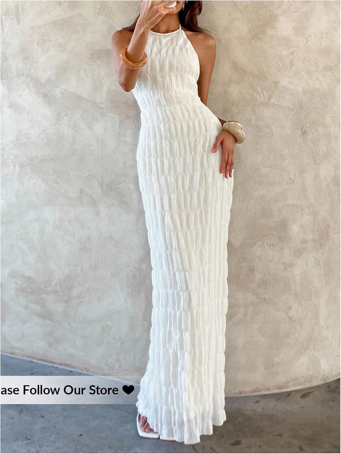 GORGLITTER Women's Backless Halter Maxi Dress Ruched Sleeveless Tiered Ruffle Wedding Guest Long Dresses - Image 5