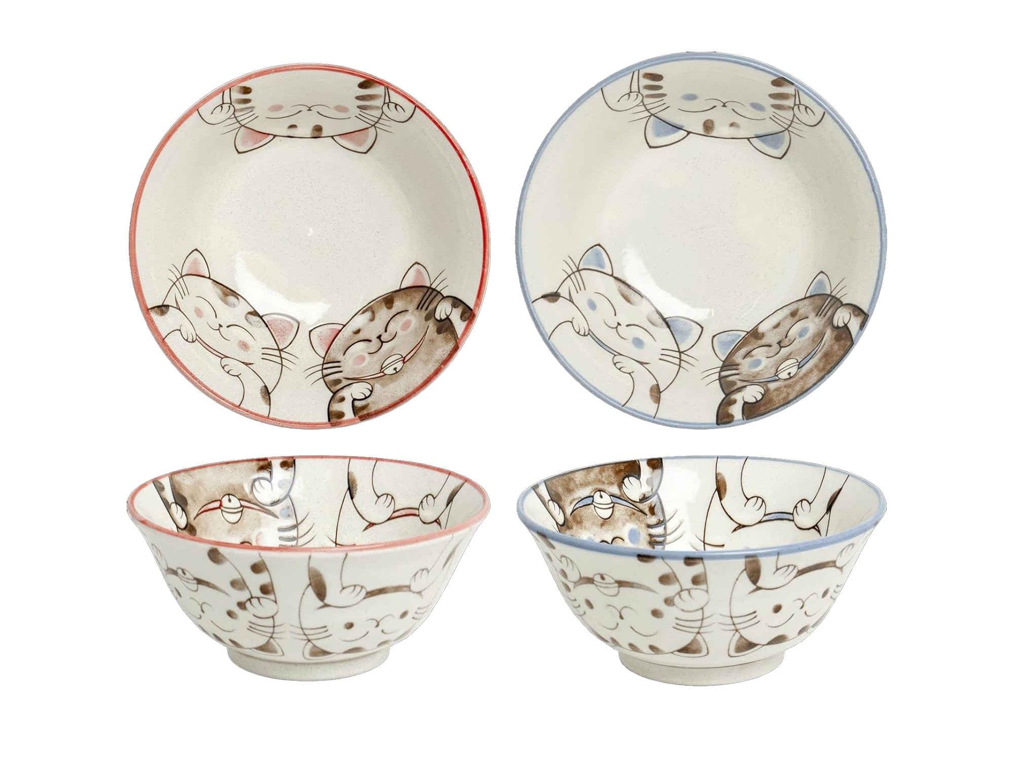 Tokio Japan Design Katzen Schalen Kawaii Cat Tayo Schüssel Black Green Blue & Pink | Nippon Porzellan Ramen Reis Nudel Suppen Dessert Bowl | süße Katzenschälchen (2x Three Cats 15x7cm 500ml BluePink)