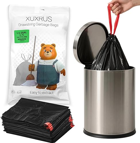 XUXRUS Mini bolsas de basura negras de 1.5 galones, 60 bolsas de basura pequeñas con cordón, resistentes al desgarro, fáciles de quitar, forros