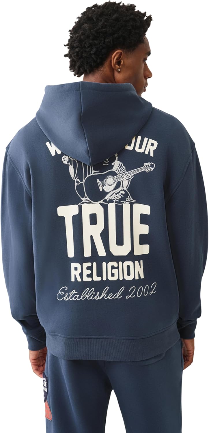 True Religion Men's Patch Vintage Zip Up Hoodie – Full Zip Sweatshirt