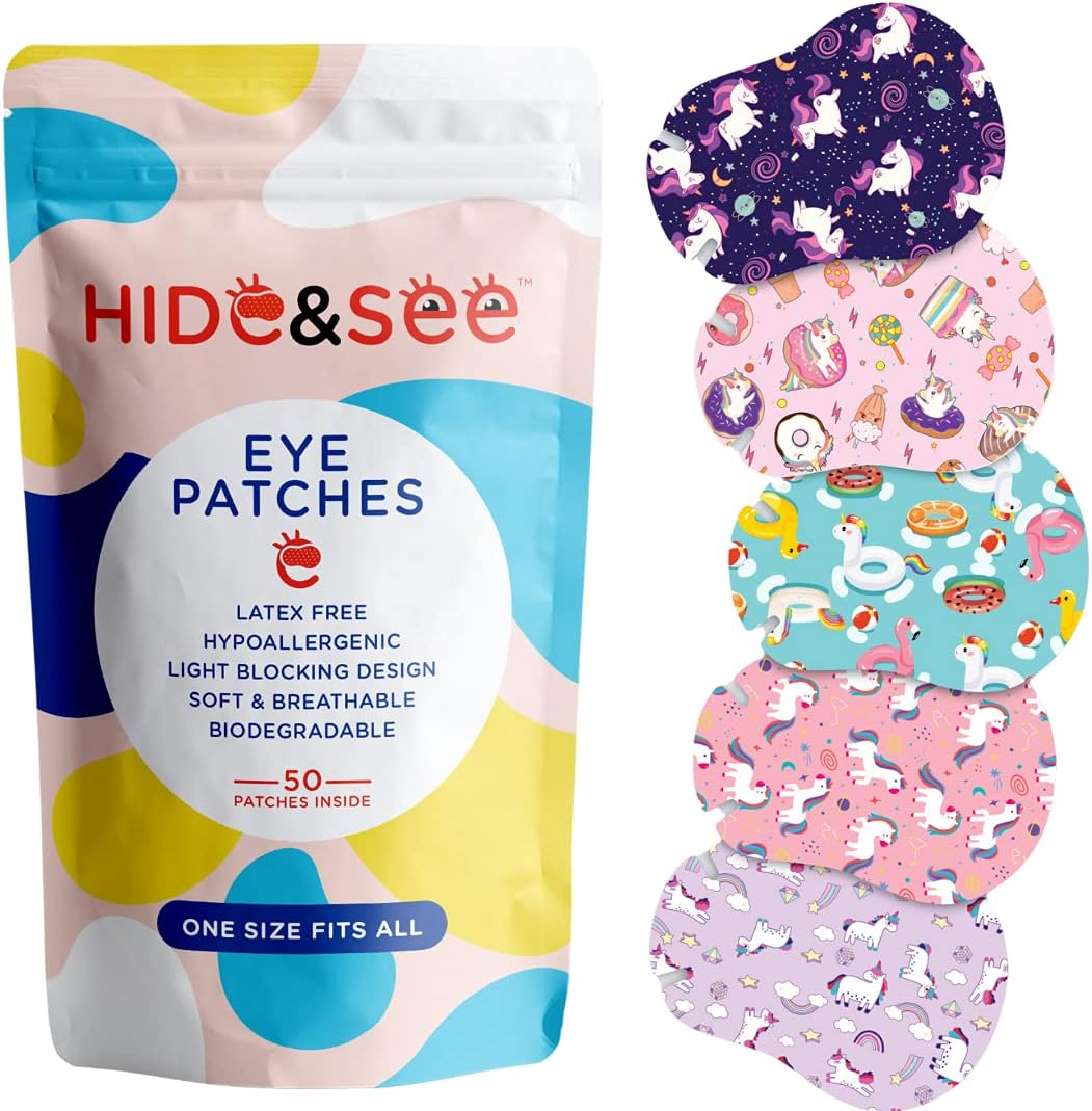 HIDE&SEE Eye Patches for Kids Skincare – Adhesive Kids Eye Patches (Unicorn World) - Hypoallergenic one Size Baby to Adults Occlusion Patch for Amblyopia Treatment - Fun & Comfortable (50 Pack)