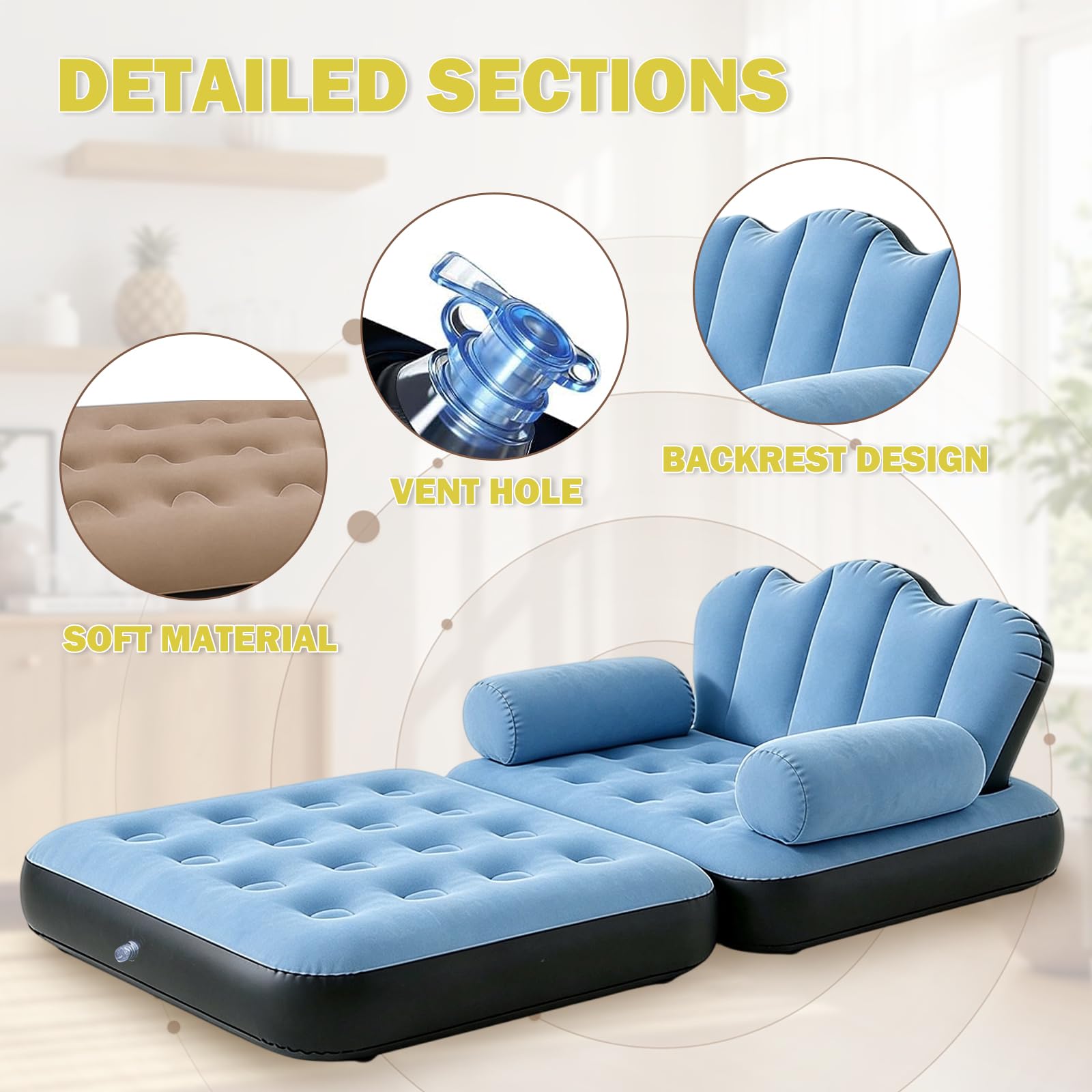 Nadmuchiwany fotel, nadmuchiwana sofa z zagłówkiem, flokowana powierzchnia