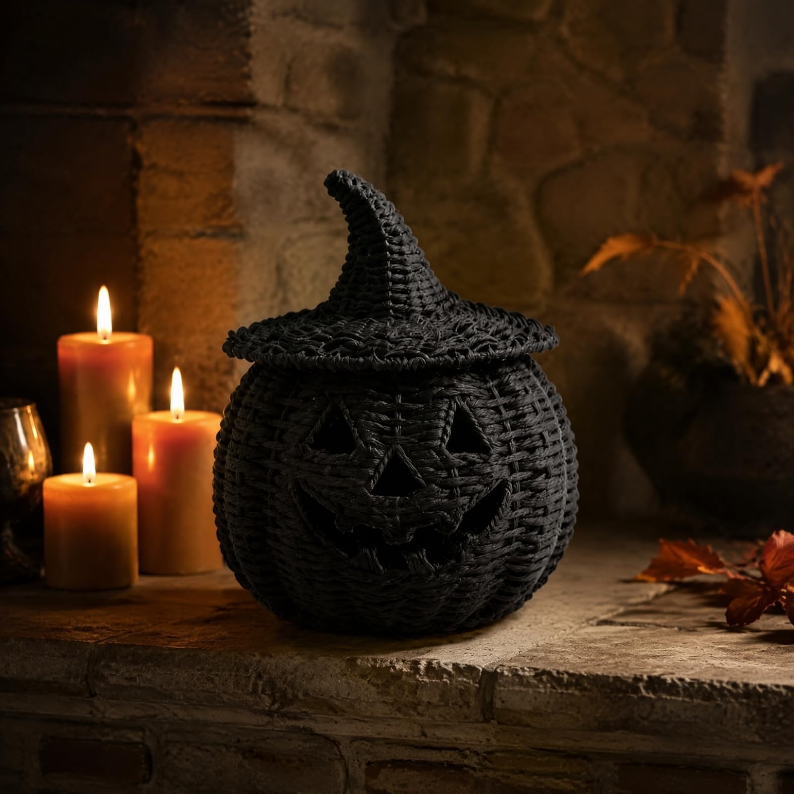 Halloween kosz dyniowy z żywicy syntetycznej, latarnia dyniowa o wyglądzie plecionki, straszny czarny słoik na cukierki w dyni do dekoracji stołu na Halloween