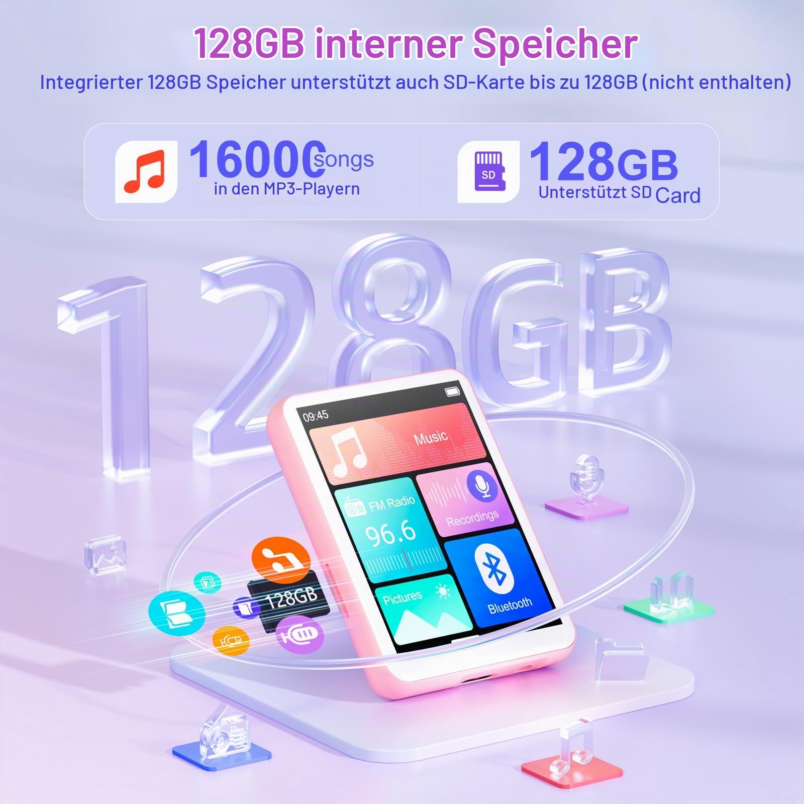 128GB MP3-Player Bluetooth 5.4, Oilsky 2,4 Zoll Full Touchscreen MP3, Tragbarer Musik Player mit Lautsprecher und FM Radio, Kinder MP3 Player, Sports Mp3 Player (Rosa)