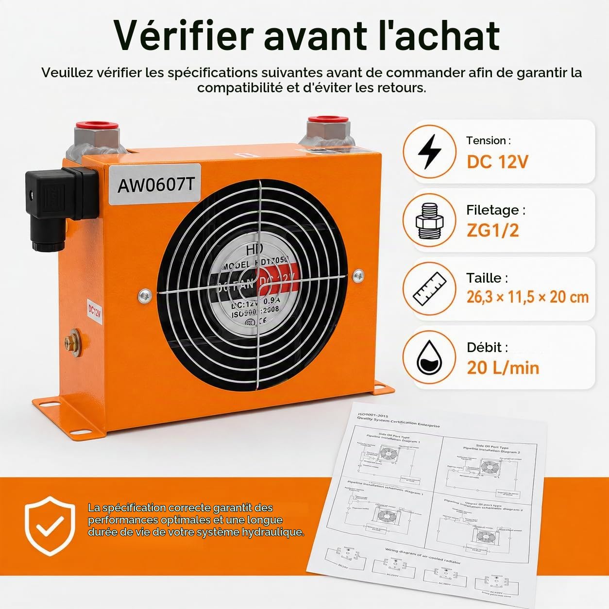 Refroidisseur d'huile hydraulique, refroidisseur d'huile refroidi par air DC 12V Refroidisseur d'huile en alliage hydraulique Refroidisseur d'huile 20L/MIN