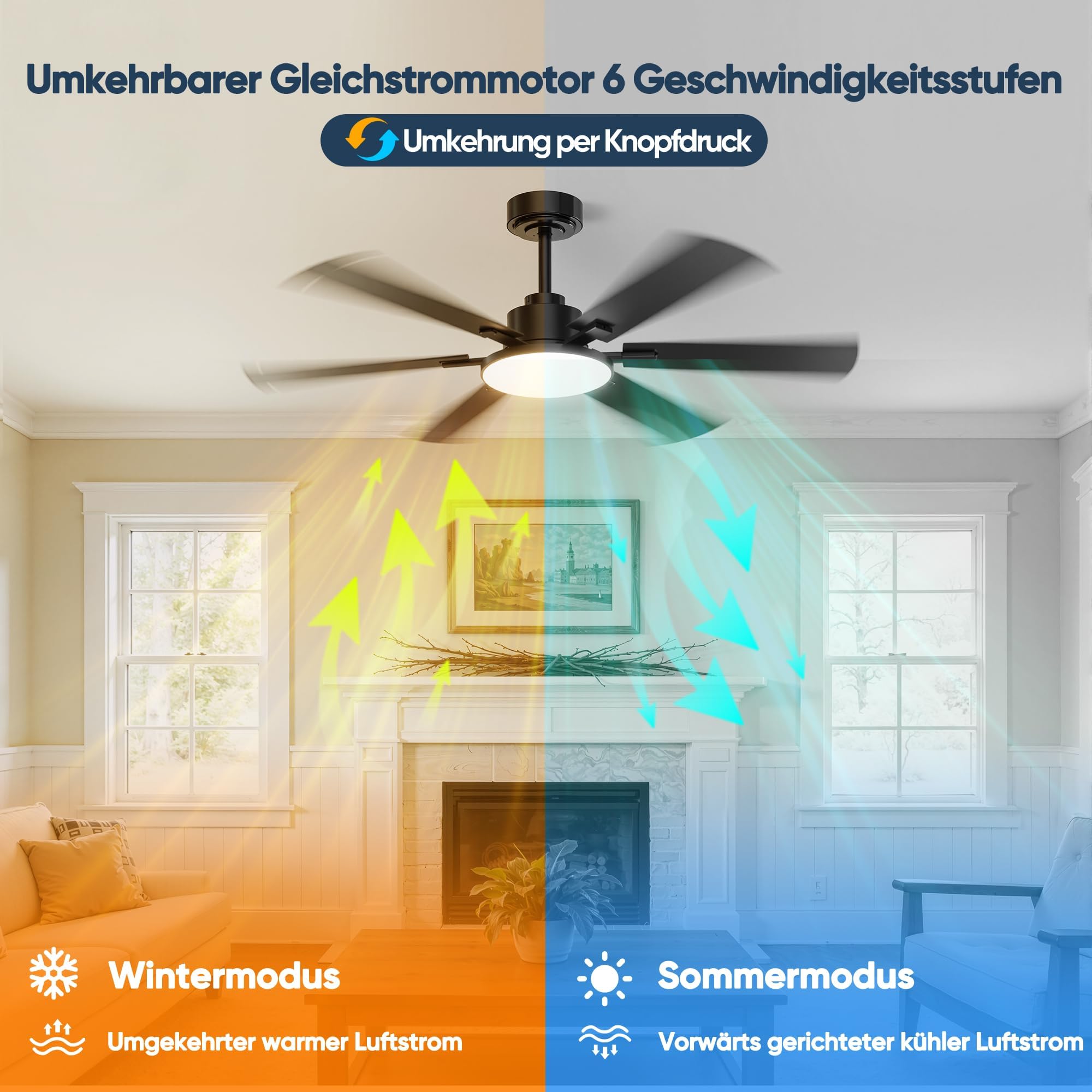 Ventilador de techo con luces de 132 cm, 6 aspas, ventilador de techo con mando a distancia, motor CC, silencioso, reversible, 6 velocidades, 3CCT, regulable, led, doble ala