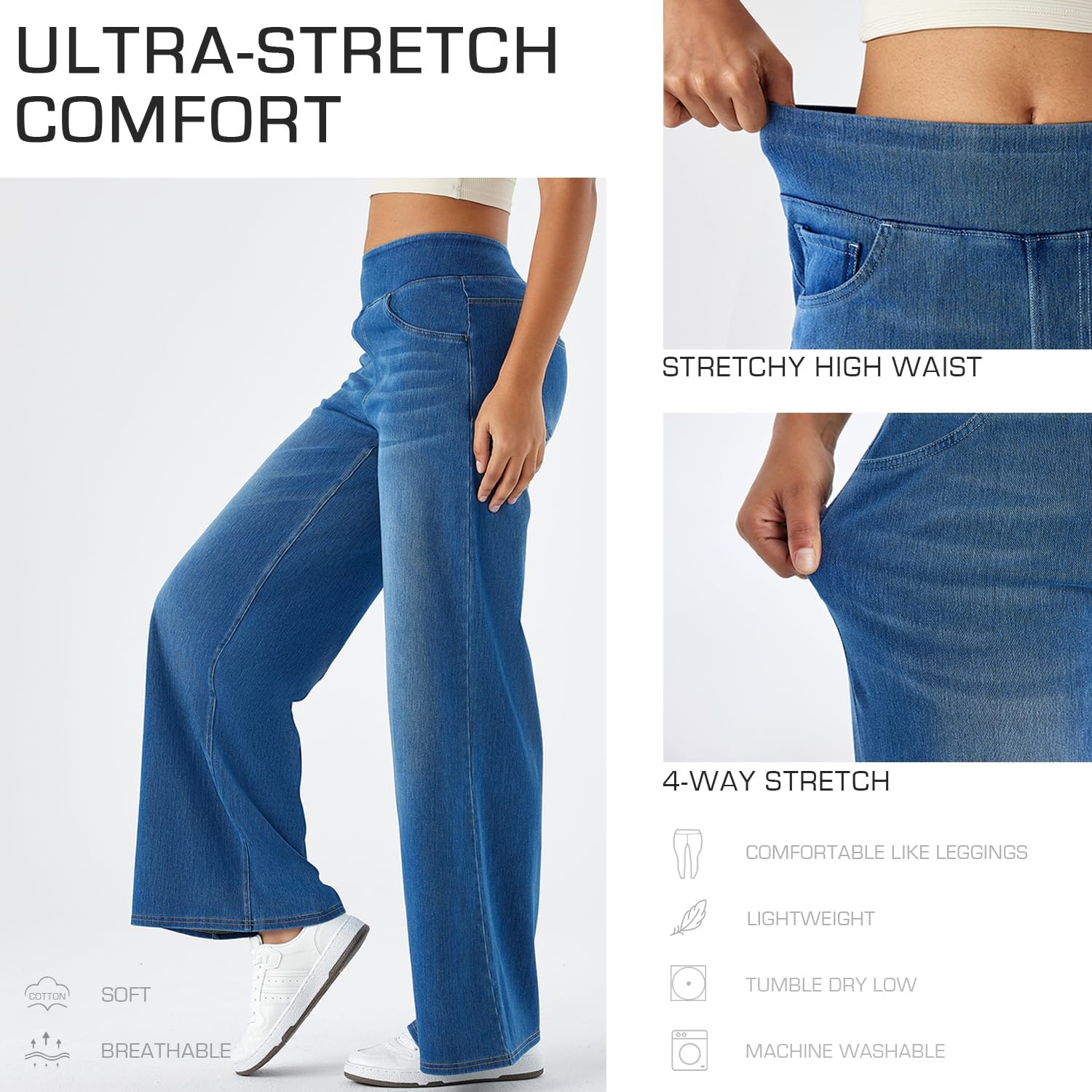 Women's High Rise Wide Leg Jeggings - Stretch Pull On Jeans-Style Pants, Soft Denim with Pockets - Image 4