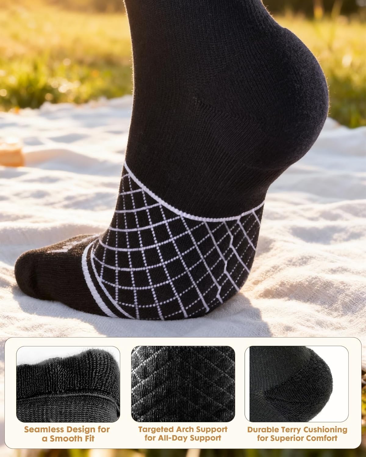 Cotton Compression Socks for Women Men - 2 Pairs 20-30mmHg Circulation Grid Arch Support Socks, Breathable - Image 3