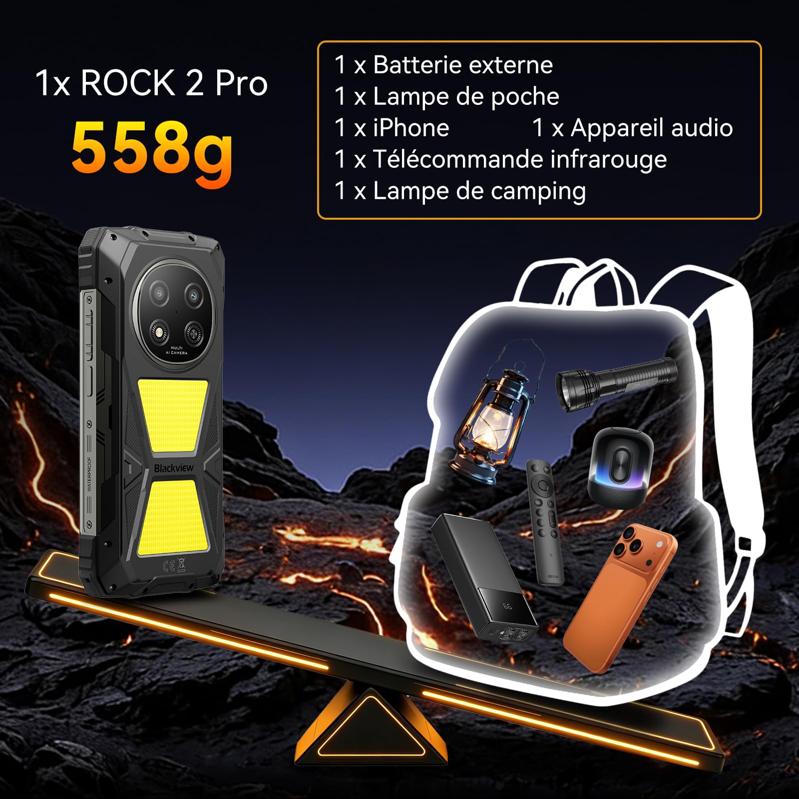 Blackview Rock 2 Pro Téléphone Incassable, Android 16 Smartphone Incassable 5G 32GB+256GB, 6.67" HD+ Display 120Hz 15000mAh IP69K, 16MP+13MP AI Kamera, NFC/OTG/GPS/Gemini AI/Glove Mode 2.0