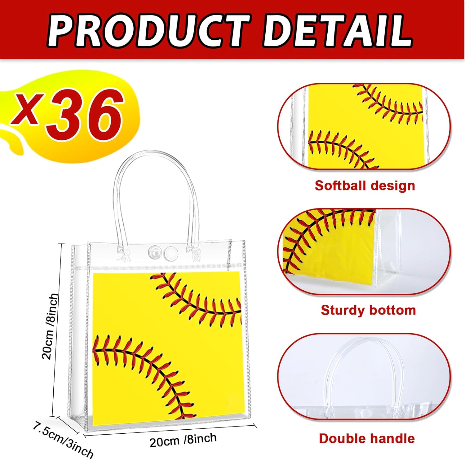 36Pcs Softball Clear PVC Gift Bags with Handles Bulk Sport Goodie Treat Candy Bags Softball Theme Party Favor for Girls Sports Team Birthday Baby Shower Party Favor Decorations Supplies 8 x 8 x 3in - Image 2
