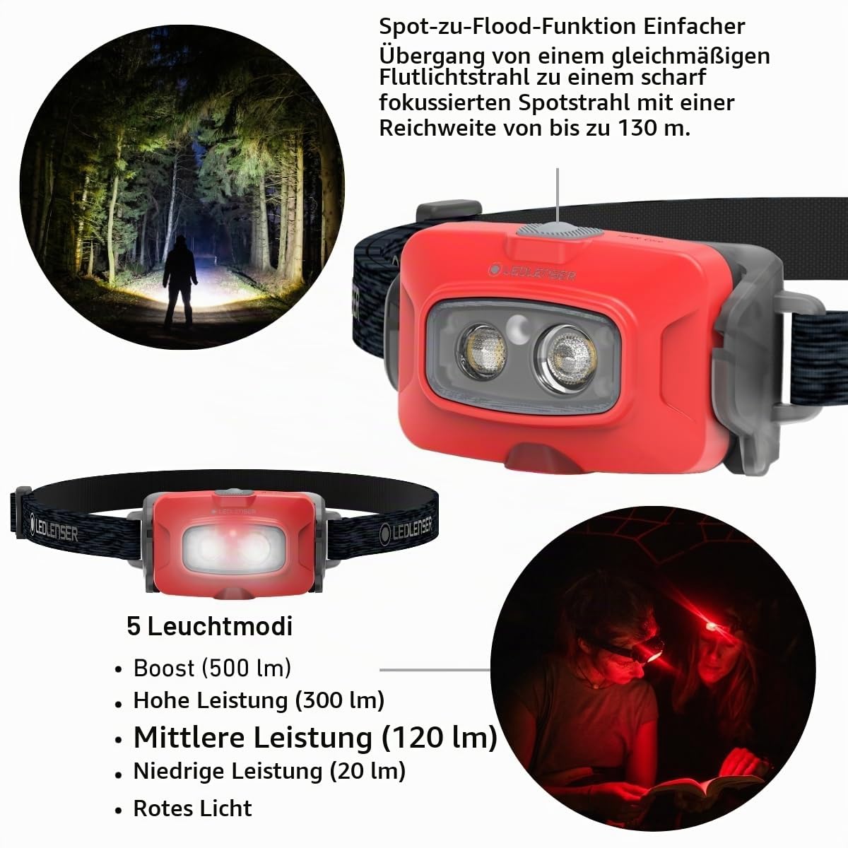 Ledlenser HF4R Core Akku-LED-Stirnlampe, 500lm, 72g, IP68 wasserdicht | bis zu 35h Leuchtdauer, 130m Leuchtweite, USB-C, Rotlichtmodus, wasserdicht, wiederaufladbar, ideal für Camping