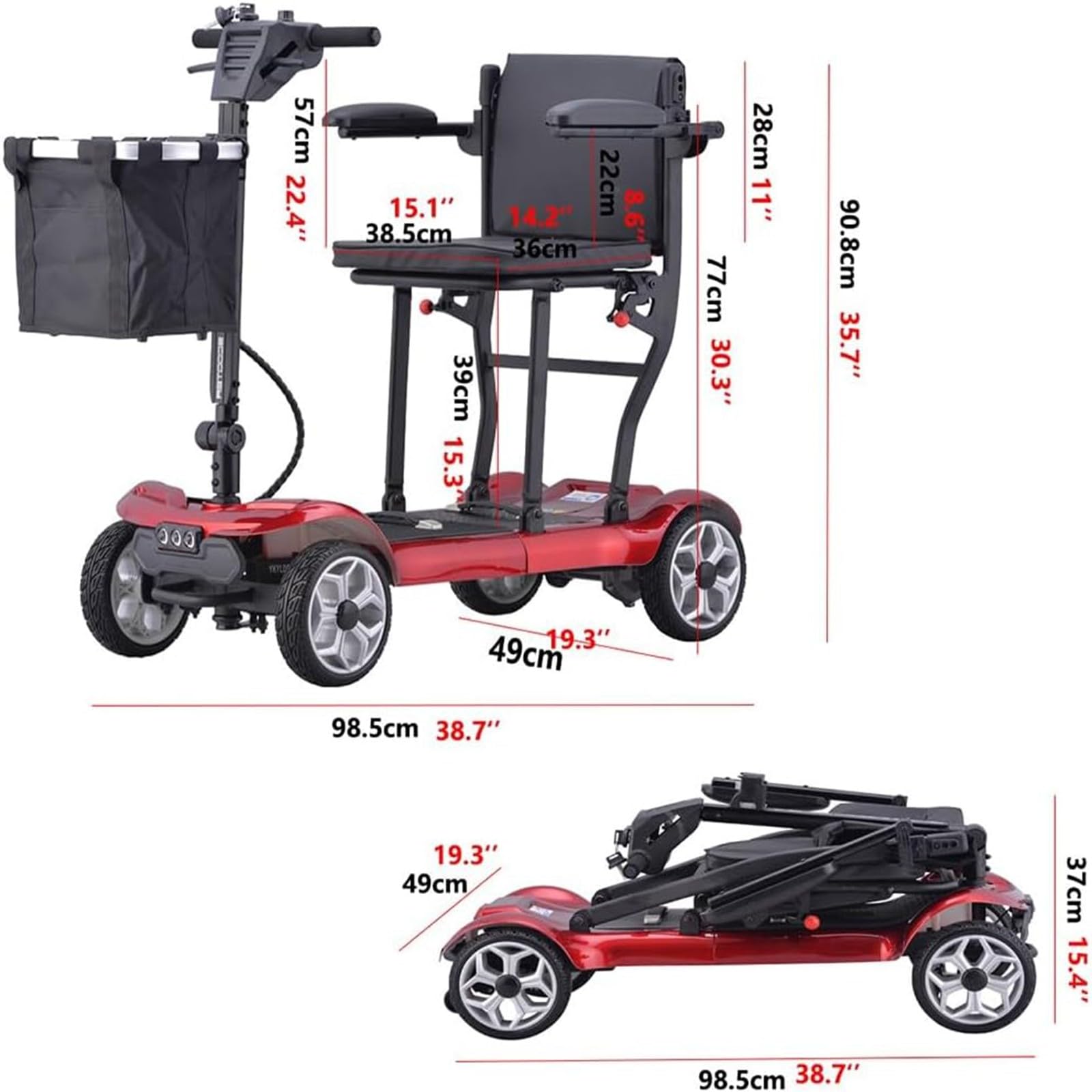 Elektromobil 4-Rad Faltbar Elektromobil Für Senioren Mit Zwei Herausnehmbaren Akkus Große Reichweite Für Ältere Menschen Mit Behinderung Red