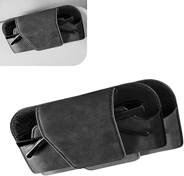Car Visor Sunglass Holder, Suede Leather Visor Eyeglasses Holder with Clip, Car Interior Protective Glasses Storage Case, Universal for Most Cars Black