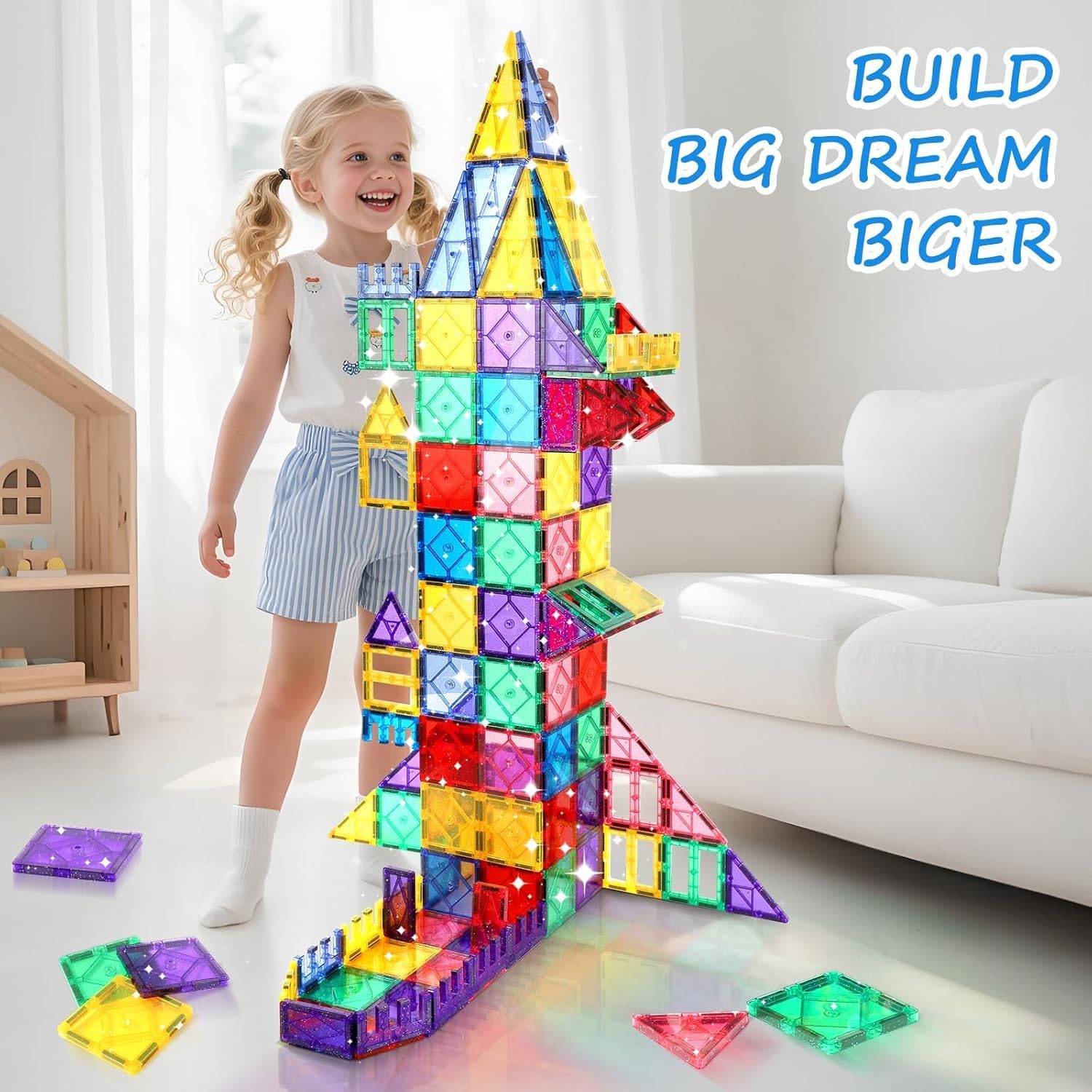 SwissHome Magnetic Tiles for Kids Ages 4-8 – Glitter STEM Magnetic Building Blocks, Sensory Learning Toys, Creative Construction Set, Educational Fun for Toddlers & Preschoolers (50 PCS) 4