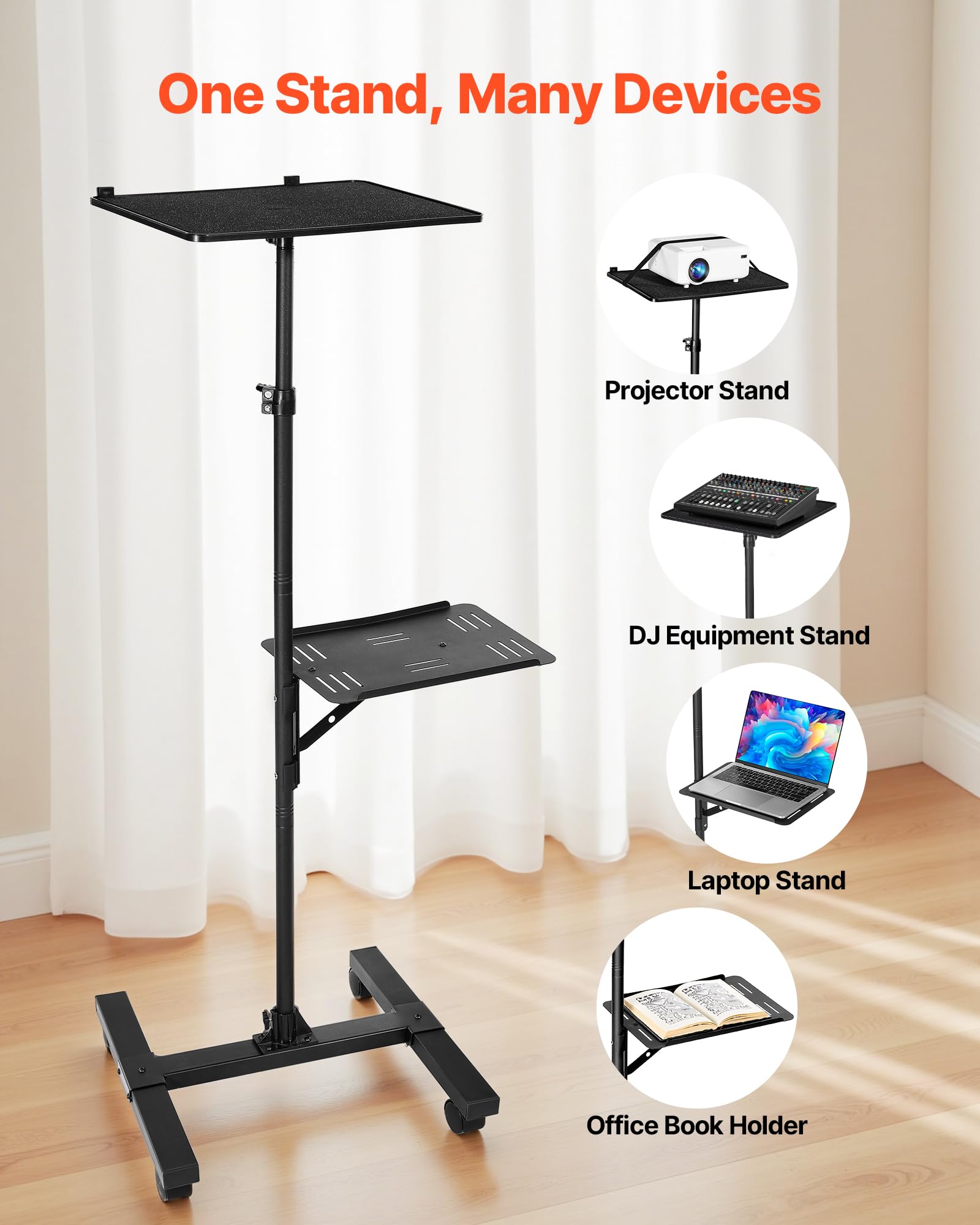 VEVOR Support de projecteur avec roulettes, hauteur réglable 86-136 cm, 2 plateaux, pour cinéma plein air