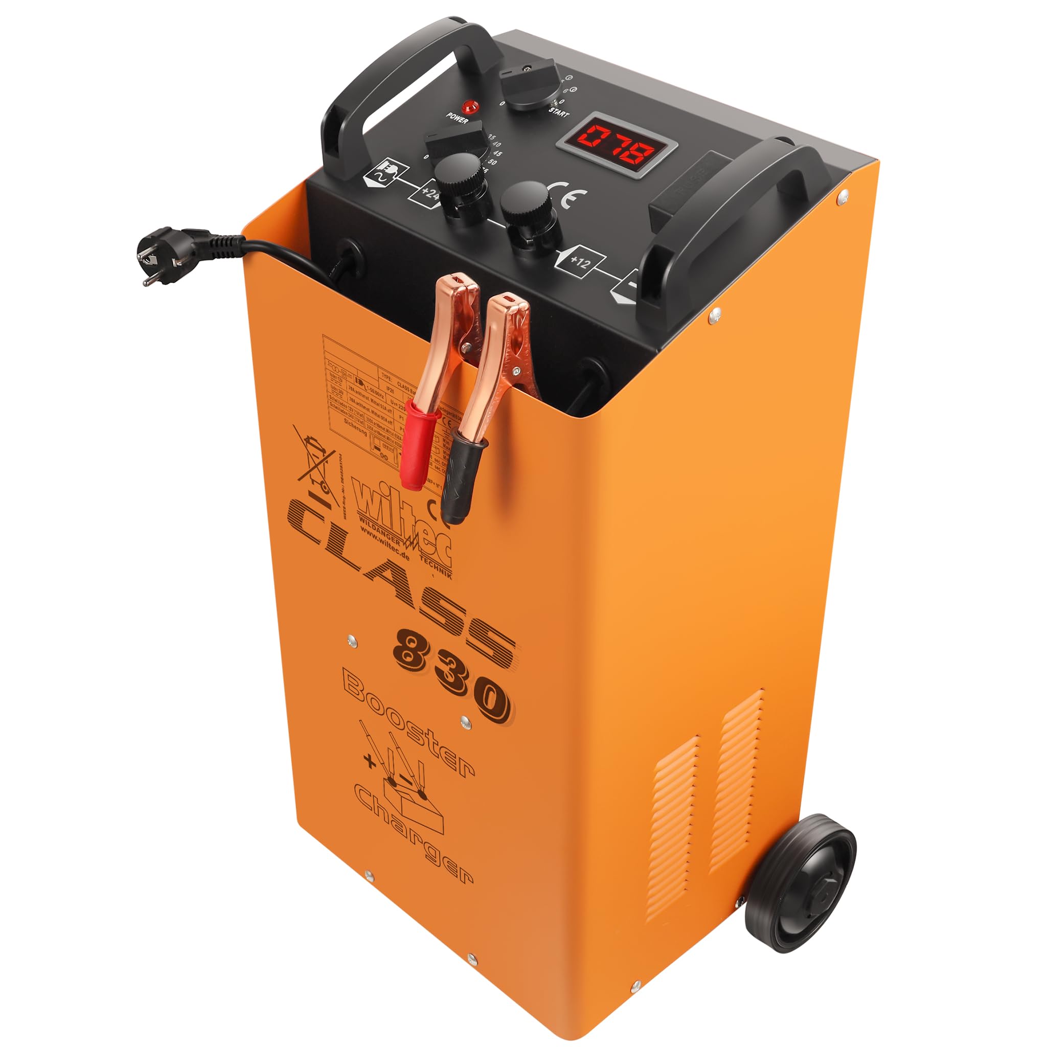 Wiltec Cargador de batería 12 V y 24 V, Cargador móvil con función de Arranque rápido para Coche, Moto y camión, Cargador de batería con Carga rápida