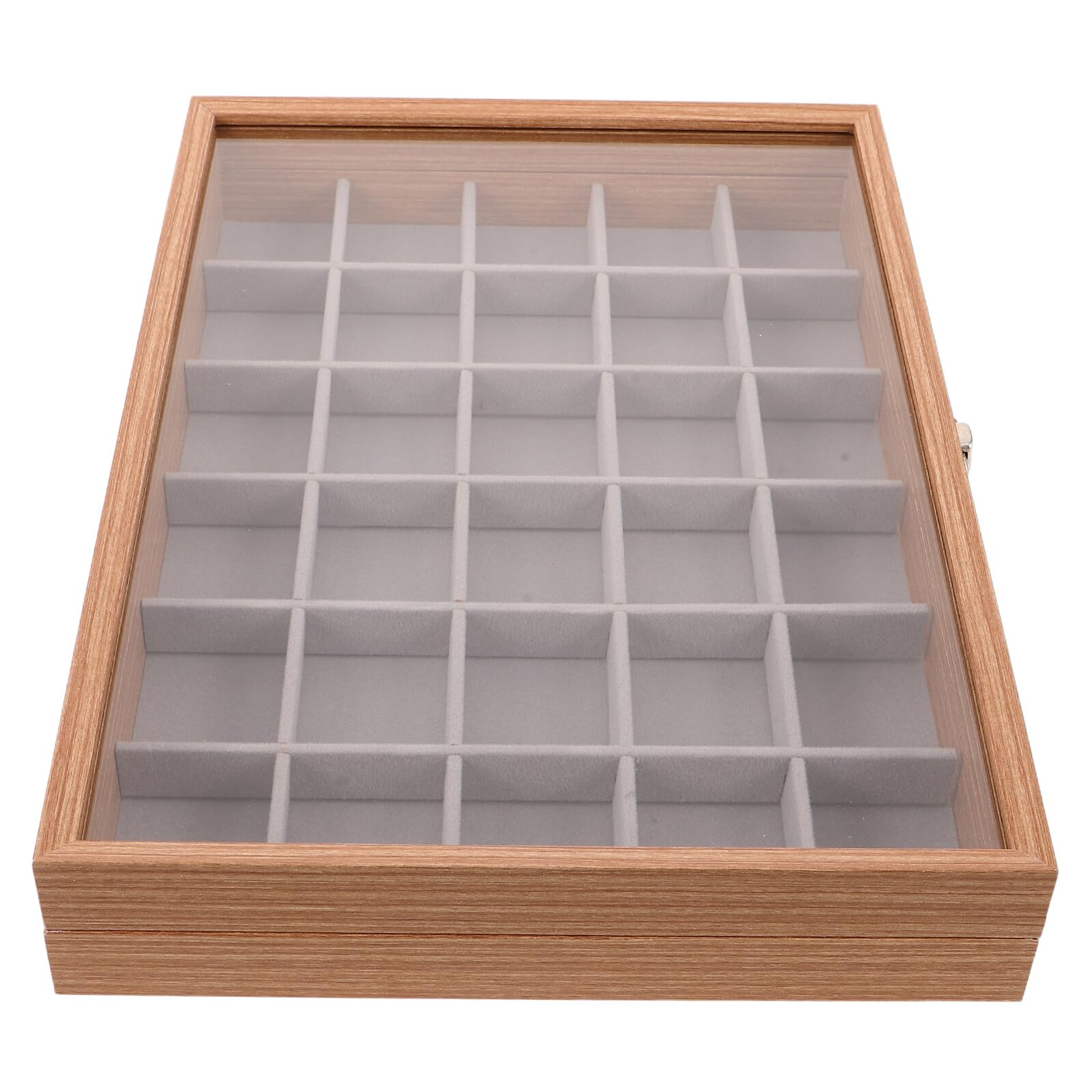 Scatola Porta Campioni Minerali a 30 Scomparti con Coperchio | Espositore in Legno Beige, Protezione Trasparente per Collezioni di Cristalli e Pietre, 35x24x5cm