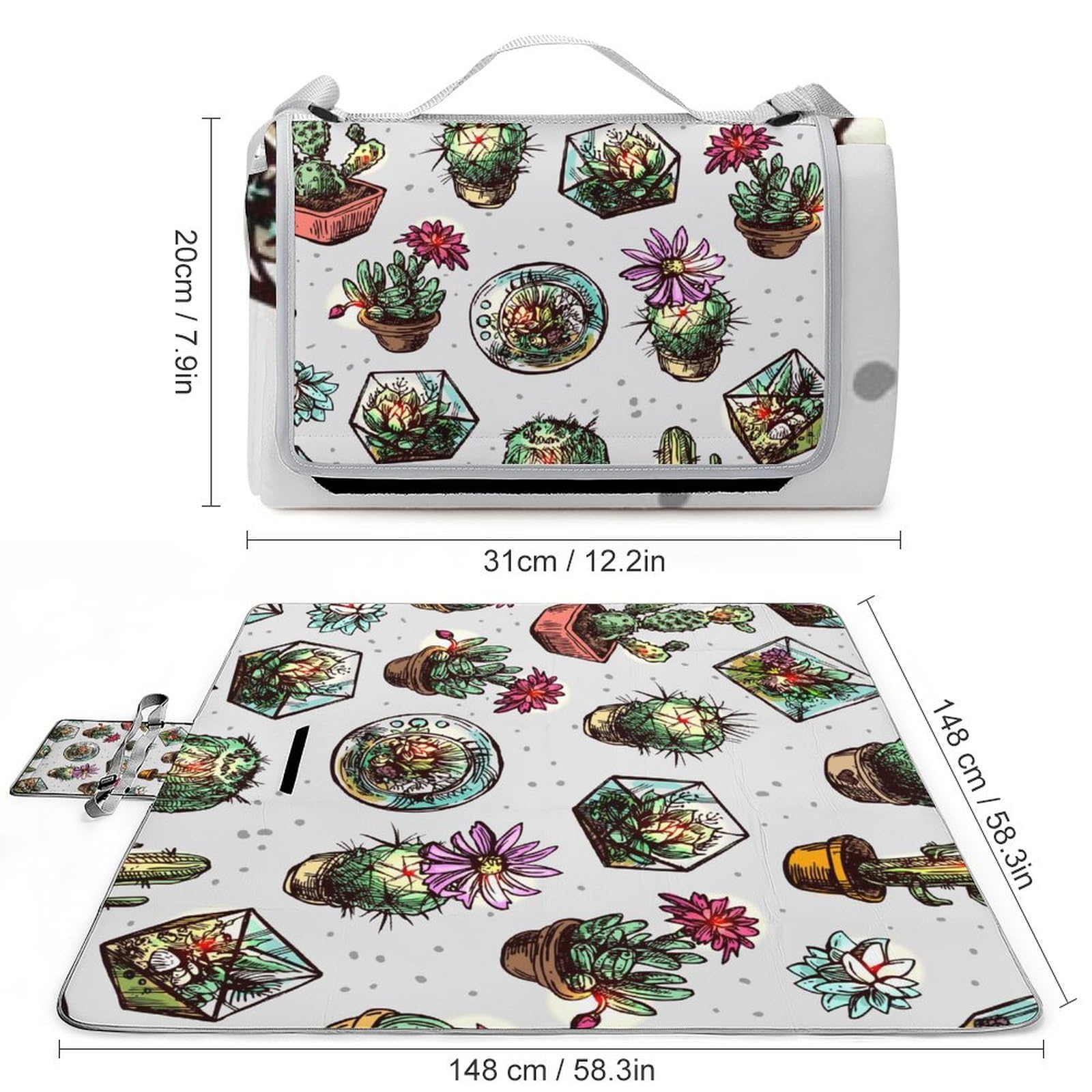 Succulents-Pattern Picnic Blanket Waterproof Foldable, Large Outdoor Picnic Blanket Beach Blankets Camping Blanket Travel Mat, Shoulder Strap Tote, Rectangle 58x58in