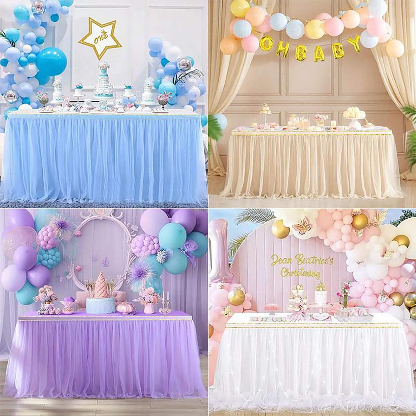 Biała tiulowa spódnica stołowa 420 x 75 cm – obrus tutu z falbanką na baby shower, urodziny, ślub, stół deserowy, artykuły Ele Par
