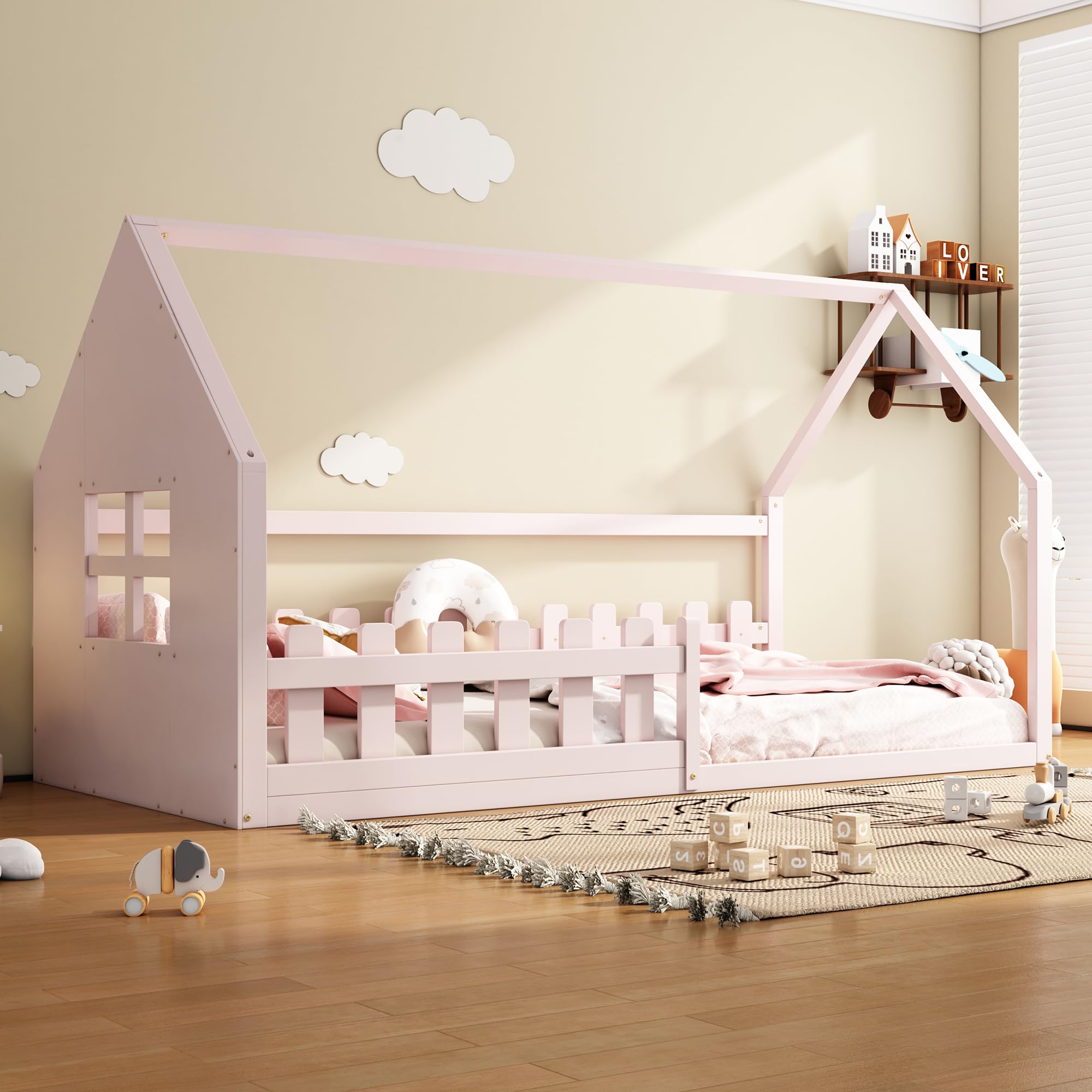 Kinderbett Hausbett 90x200cm, Montessori Bodenbett mit Rausfallschutz und Lattenrost, Holzbett für Jungen und Mädchen, ohne Matratze (Rosa -90×200cm)