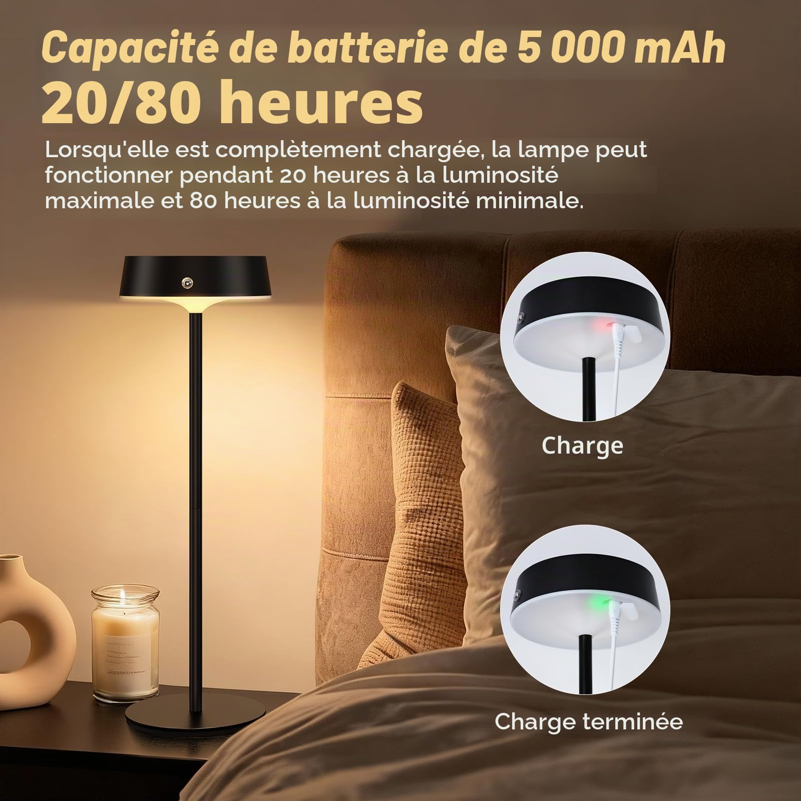 Lampe de Table LED Sans Fil 2 Pièces, Lampe Chevet Rechargeable Tactile, Hauteur Réglable, Luminosité et 3 Températures de Couleur Variables, Aluminium Noir IP65, Pour Salon Chambre