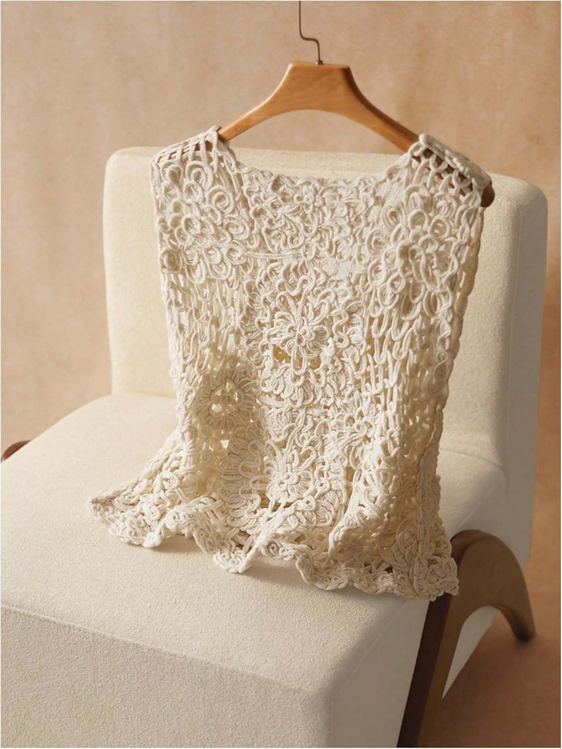 GORGLITTER Women's Plus Size Vest Boho Crochet Hollow Out Button Down V Neck Cardigan Sweater Tank Tops Apricot XX-Large Plus - Image 2