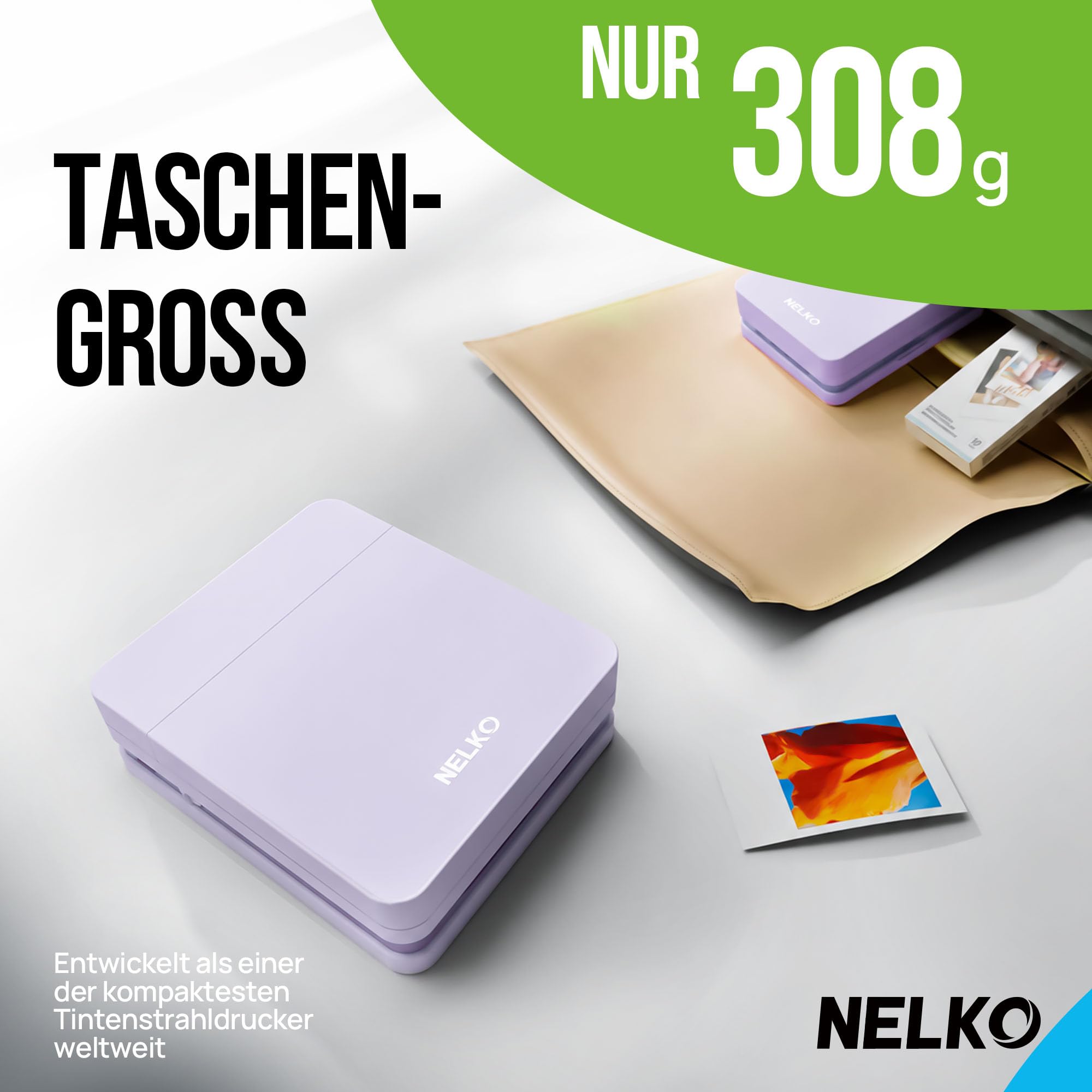 Nelko PP01 Tragbarer Fotodrucker, 100 Blatt Selbstklebendes Fotopapier,Lila | Tintenstrahl-Aufkleberdrucker kompatibel mit iOS/Android mit Bearbeitungs-App, Ideal für Partys, Reisen und Bullet Journals