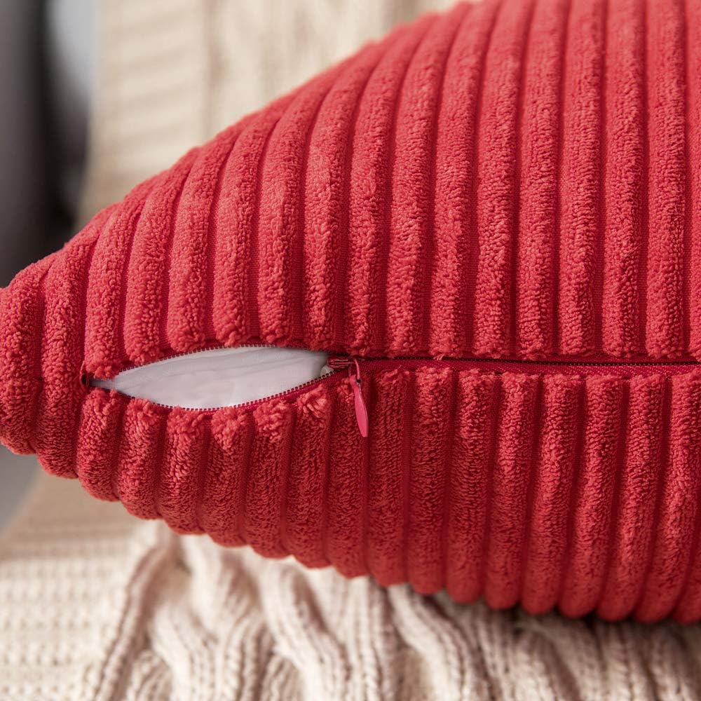 MIULEE Pack of 2 18 * 18 Corduroy Soft Soild Decorative Square Throw Pillow Covers Christmas Red and Pack of 2 18x18 Feather Pillow Inserts for Sofa Bed