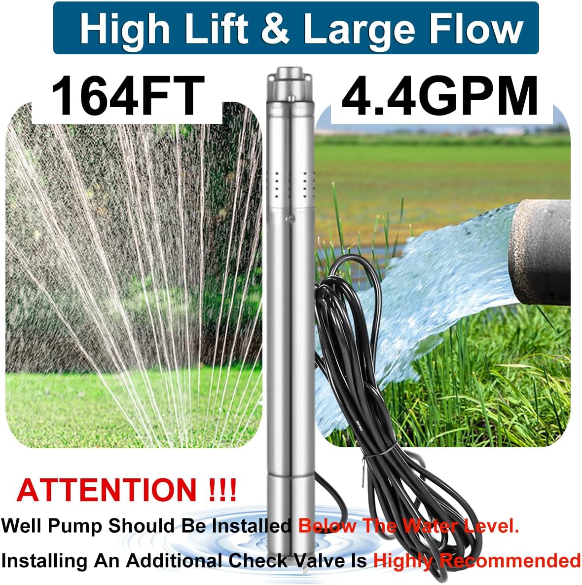 2" Deep Well Submersible Pump, 1/2 HP 220V Deep Well Pump Submersible Water Pump for Industrial Irrigation and Home, 164FT Lift, 4.4GPM, Screw Water Pump with 33FT Power Cord,Long Life