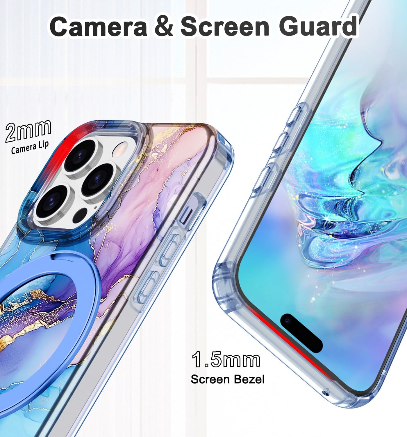 Lamcase for iPhone 14 Pro Max Case with Magnetic Invisible Ring Stand [Compatible with MagSafe], Full Body Rugged Slim Women Men Girl Shockproof Marble Pattern Design Case, Blue Gold