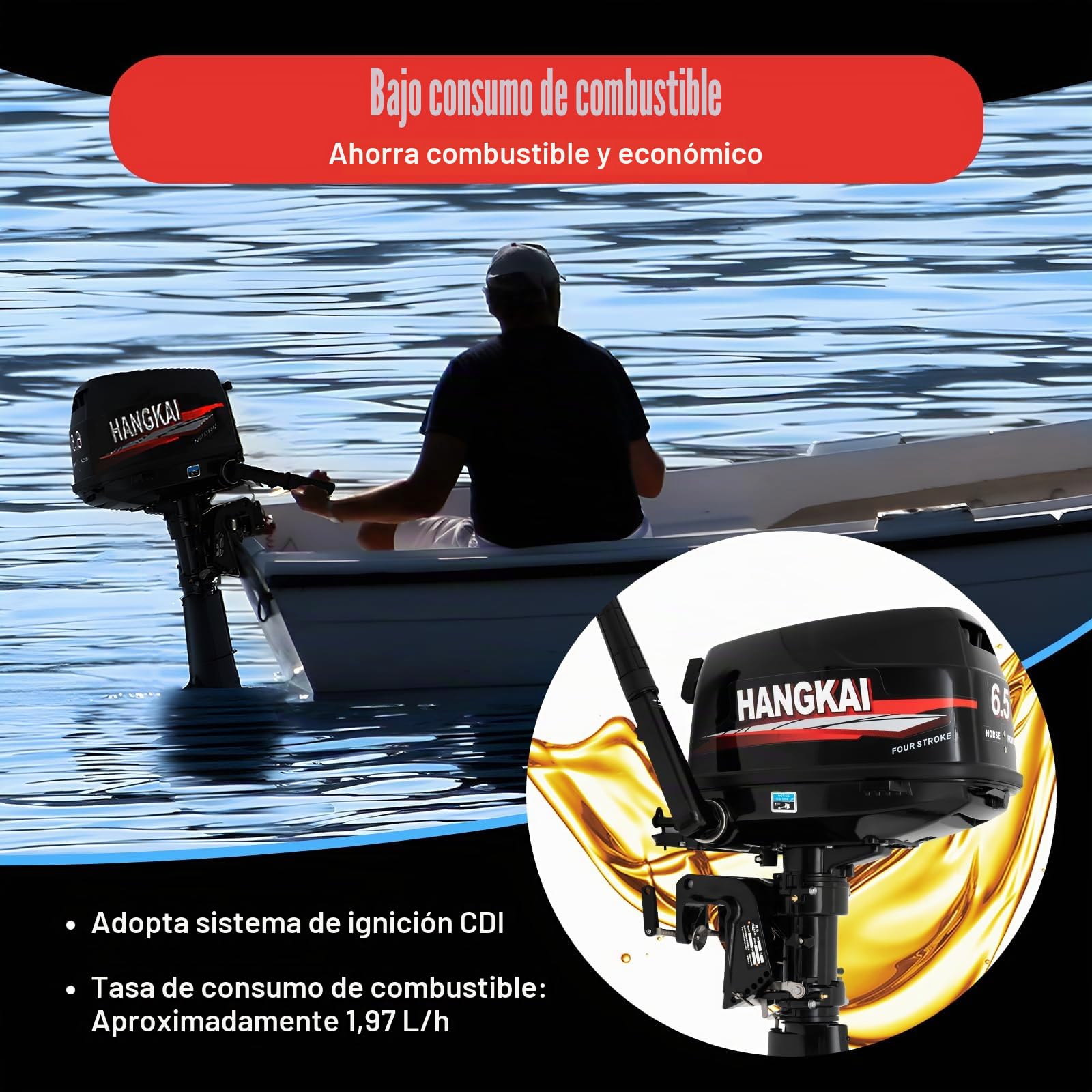 Motor fueraborda de 4 tiempos, 123 CC, 6,5 CV, 6000 rpm, 12 L, enfriado por agua, encendido CDI, arranque manual, motor fueraborda, motor de gasolina, motor de barco para botes inflables, barcos de