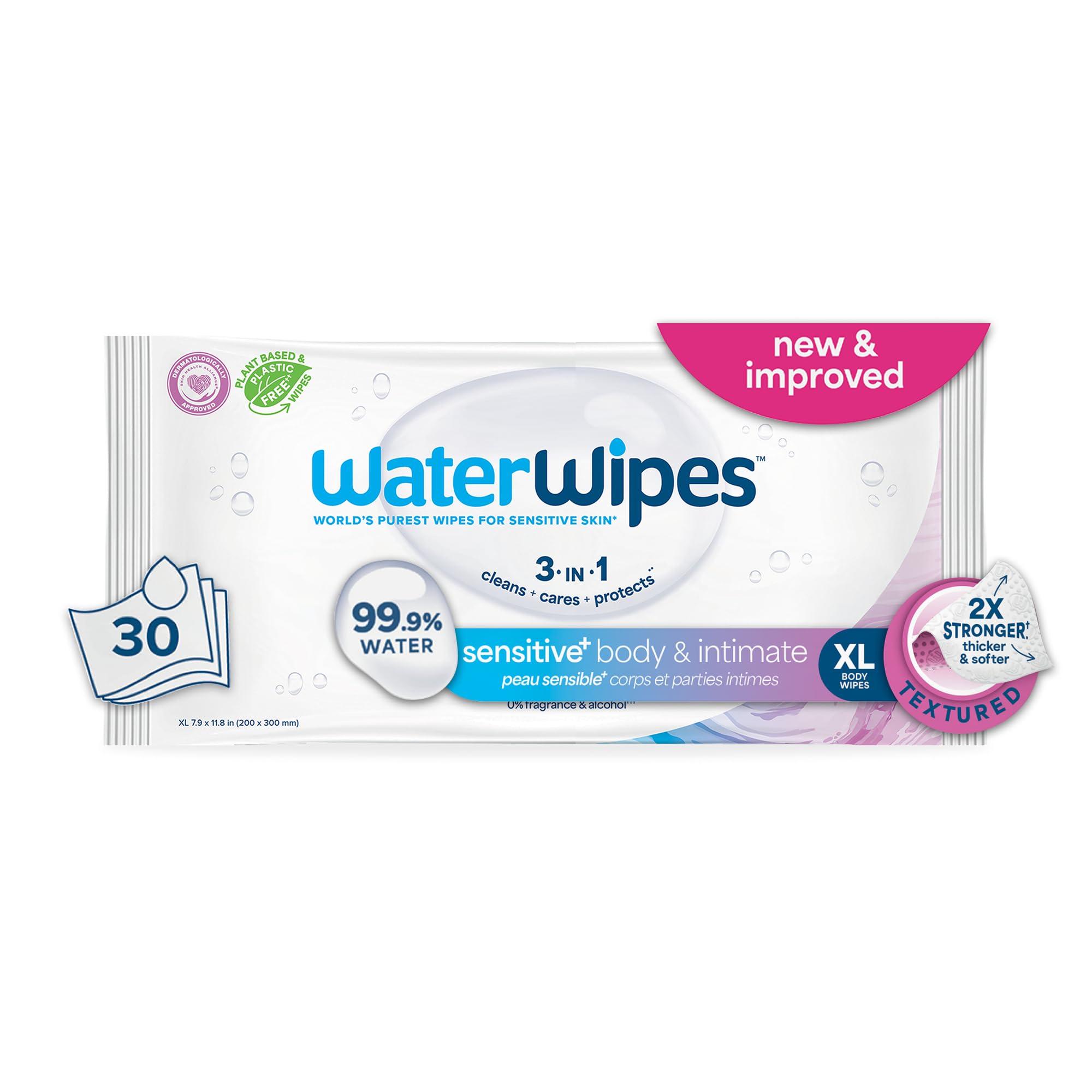 WaterWipesSensitive+ Body & Intimate Wipes, 3-In-1 Cleans, Cares, Protects, 99.9% Water, Unscented & Hypoallergenic Hygiene Wet Wipes, Adult Care, 30 Wipes (1 Packs)