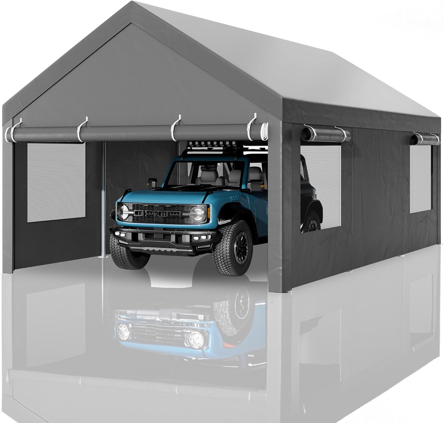 Nuturelly 12x20 FT Carport, Heavy Duty Carport Canopy with Roll-up Windows, Portable Garage with Removable Sidewalls & Doors, Car Canopy with All-Season PE Tarp for Car, Truck, Boat,Gray