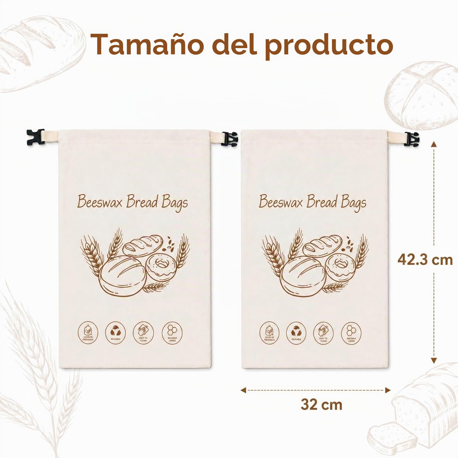2 Pieces Bolsa de Pan de Cera de Abeja Reutilizables 33 X 43cm | Forro Desmontable Tela De Cera De Abeja, Con Asas, para Masa Madre y Bollería Casera, Productos de panadería