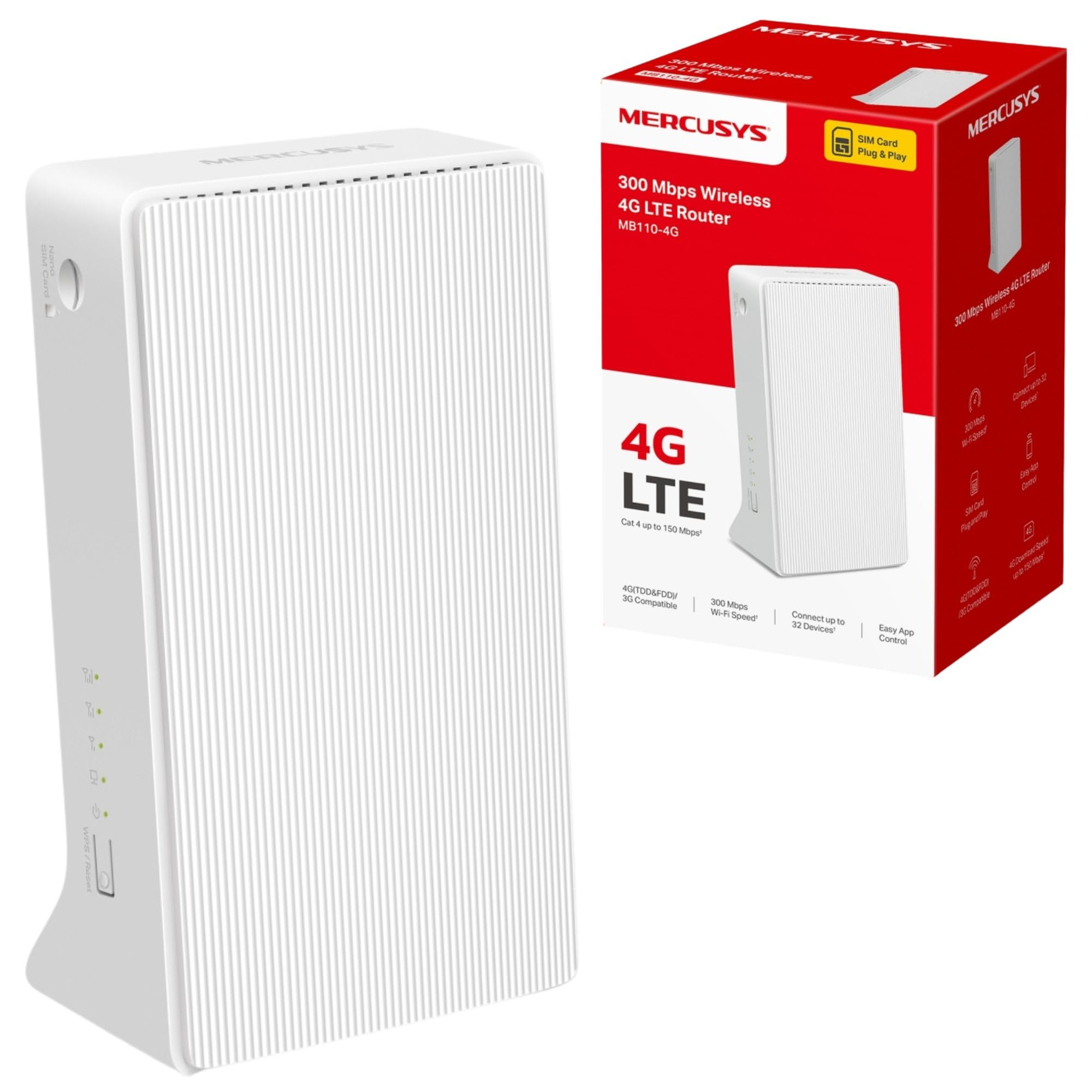 MERCUSYS Router WiFi MB110-4G N300 con ranura SIM, velocidad 4G LTE superrápida, enrutador de tarjeta SIM, WiFi TP-Link, Plug and Play, puerto Ethernet, puertos de antena externa, señal fuerte
