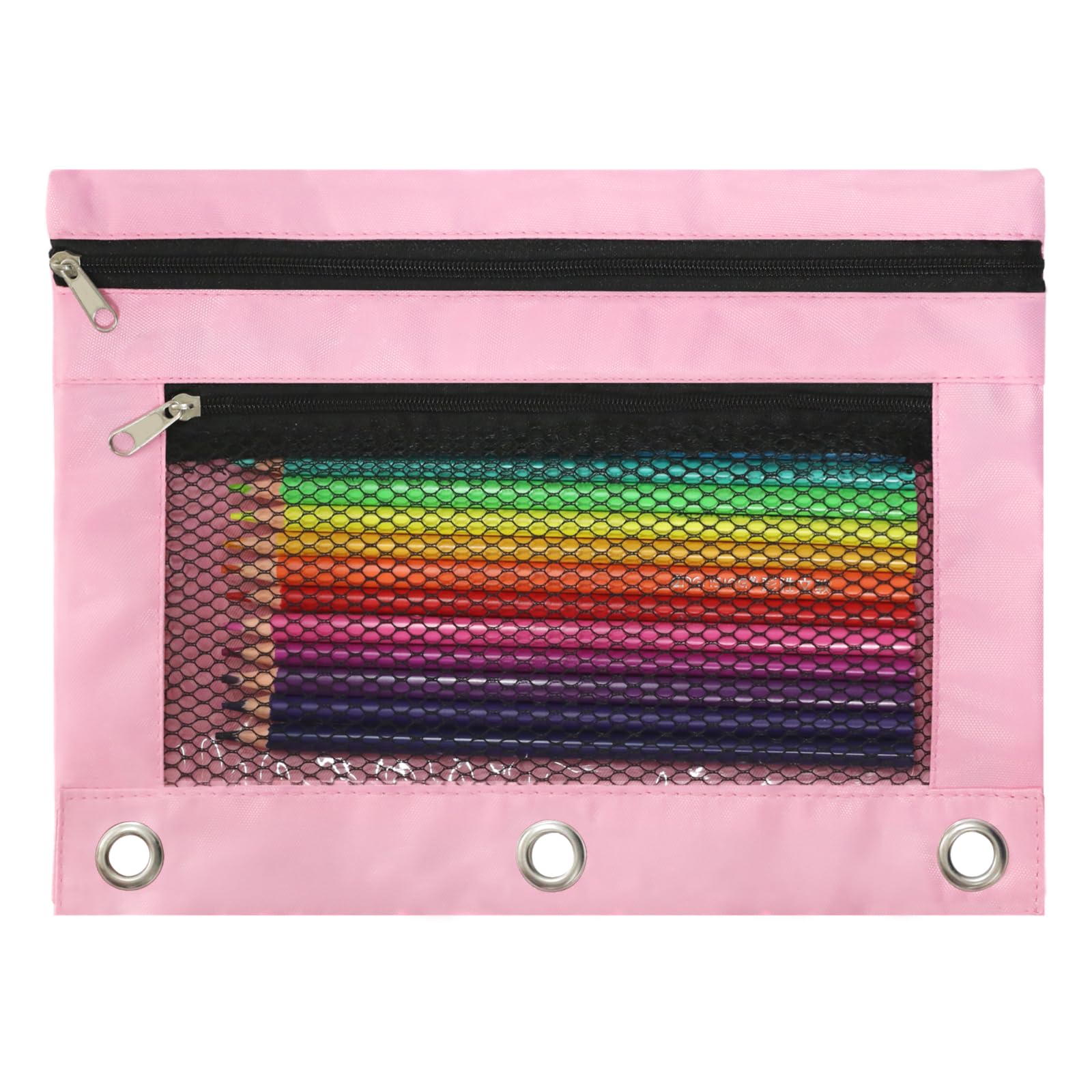 Pencil Pouch for 3 Ring Binder, Heavy Duty Canvas Dual Zipper Pen Bag with Clear Window, Smooth Metal Zipper, Fit Standard 3-Ring Binders for School Office Travel Supplies (Pink)