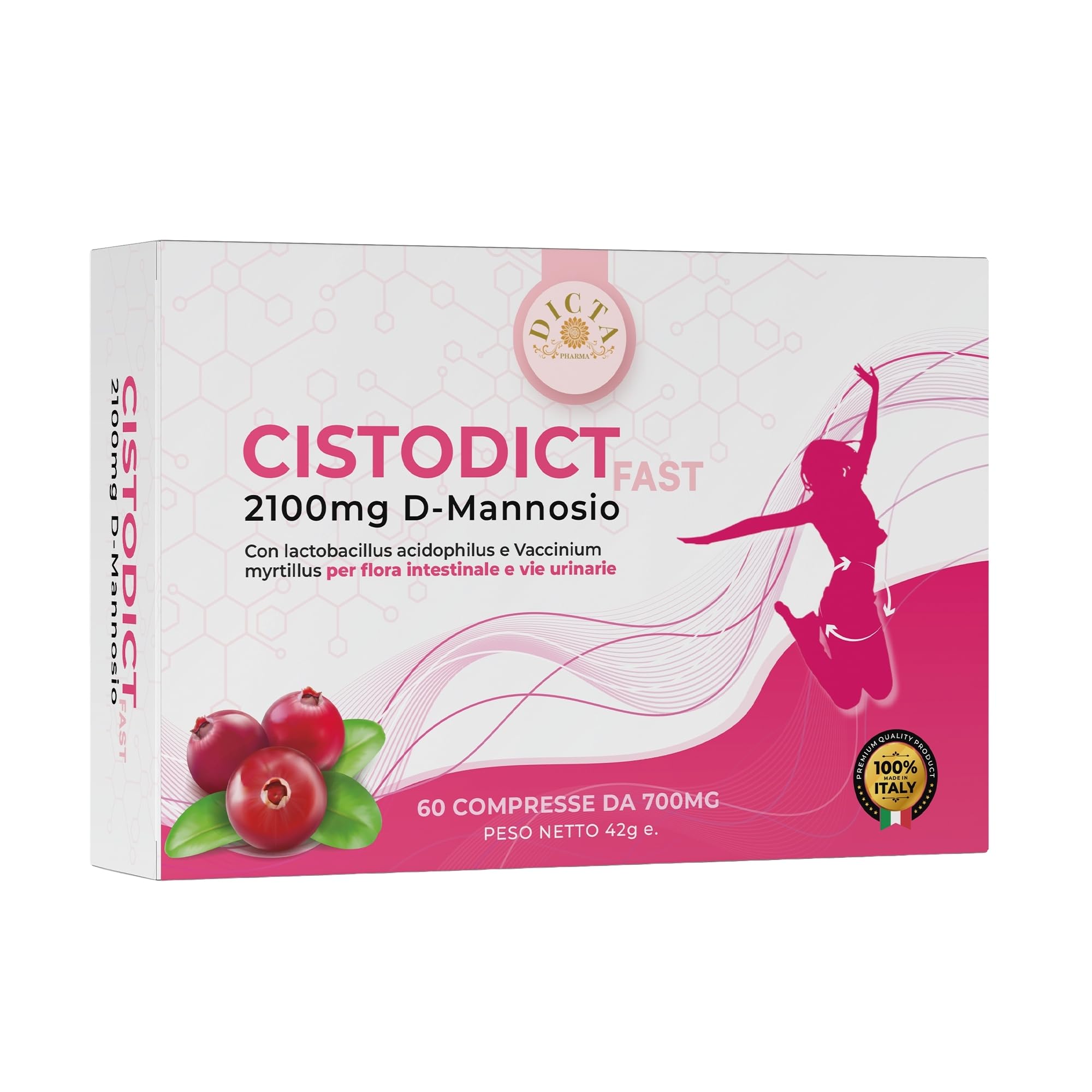 D Mannosio Puro Cistite 2100mg per Vie Urinarie Donna 60 cpr - con Mirtillo Rosso, Agrimonia, Lactobacillus e Inulina, Acido Ialuronico e Rame