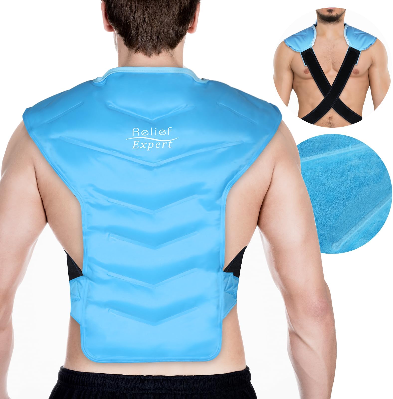 Relief Expert Large Full Back and Shoulder Rotator Cuff Ice Pack Wrap with Straps, Cold Packs for Injuries Reusable Gel, Cold Compression for Entire Back and Shoulders Pain Relief - Soft Plush Lining