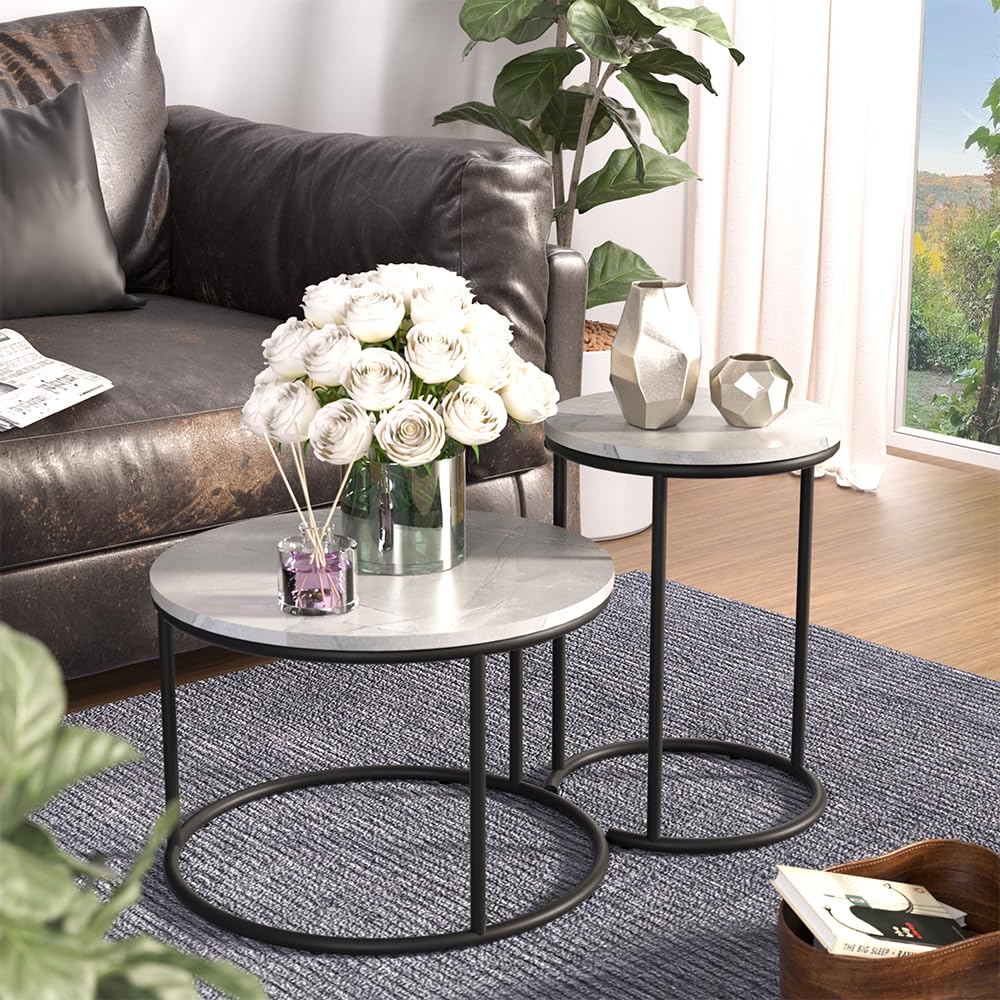 Vicco Set di tavolini da salotto Ottawa, Marmo bianco, 55 x 55 cm 2 parti, per un utilizzo flessibile come tavolini d’appoggio e tavolini laterali