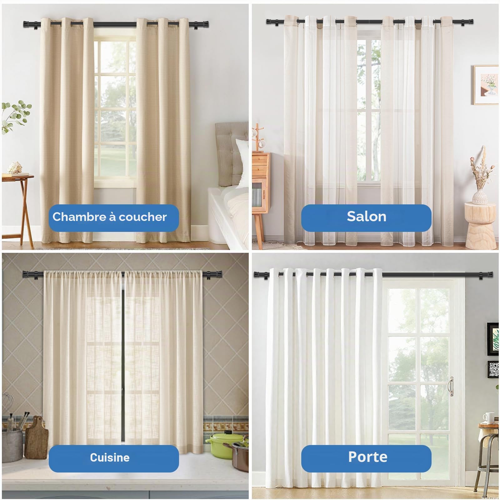 Tringles à rideaux robustes pour fenêtres 80 cm - 231 cm, ensemble de tringles ajustables de 2,54 cm avec supports, tringle métallique pour rideaux pour chambre, cuisine, salon 25LMG91BLK