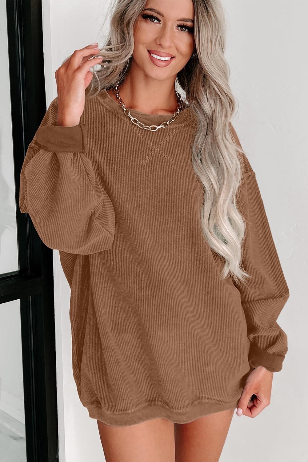 QIXING Damen Sweatshirt Oversize Pullover Rundhals Baumwollpullover Langarm Cordpullover Tops Herbst Mode Outfits 2025(Braun, L)